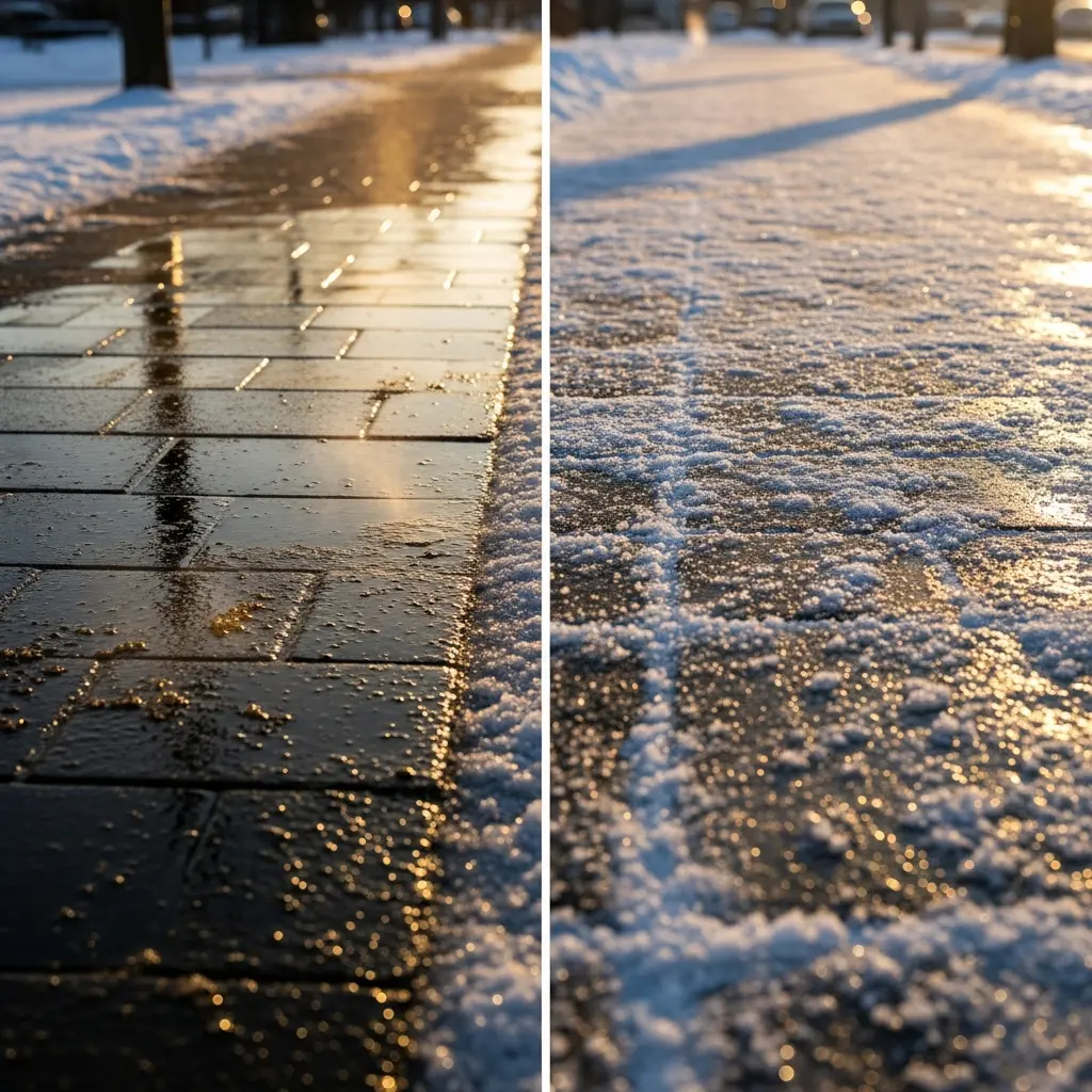 This striking image is a split view of a paved pedestrian path during what appears to be a winter morning or late afternoon, illuminated by warm, low-angle sunlight. On the left side, the dark rectangular pavers are visibly wet and highly reflective, covered in numerous glistening droplets or thin patches of melted ice that sparkle with golden light. In stark contrast, the right side of the path is blanketed by a delicate, crystalline layer of snow or frost, which highlights the texture and outlines of the pavers beneath, creating a soft, shimmering effect. Both halves of the scene feature a blurred background with distant trees and hints of an urban environment, all bathed in the same beautiful golden glow.

Keywords: Winter, snow, ice, frost, paved path, sunlight, golden hour, reflective, wet, frozen, sparkling, texture, contrast, outdoor, cold, pedestrian walkway.