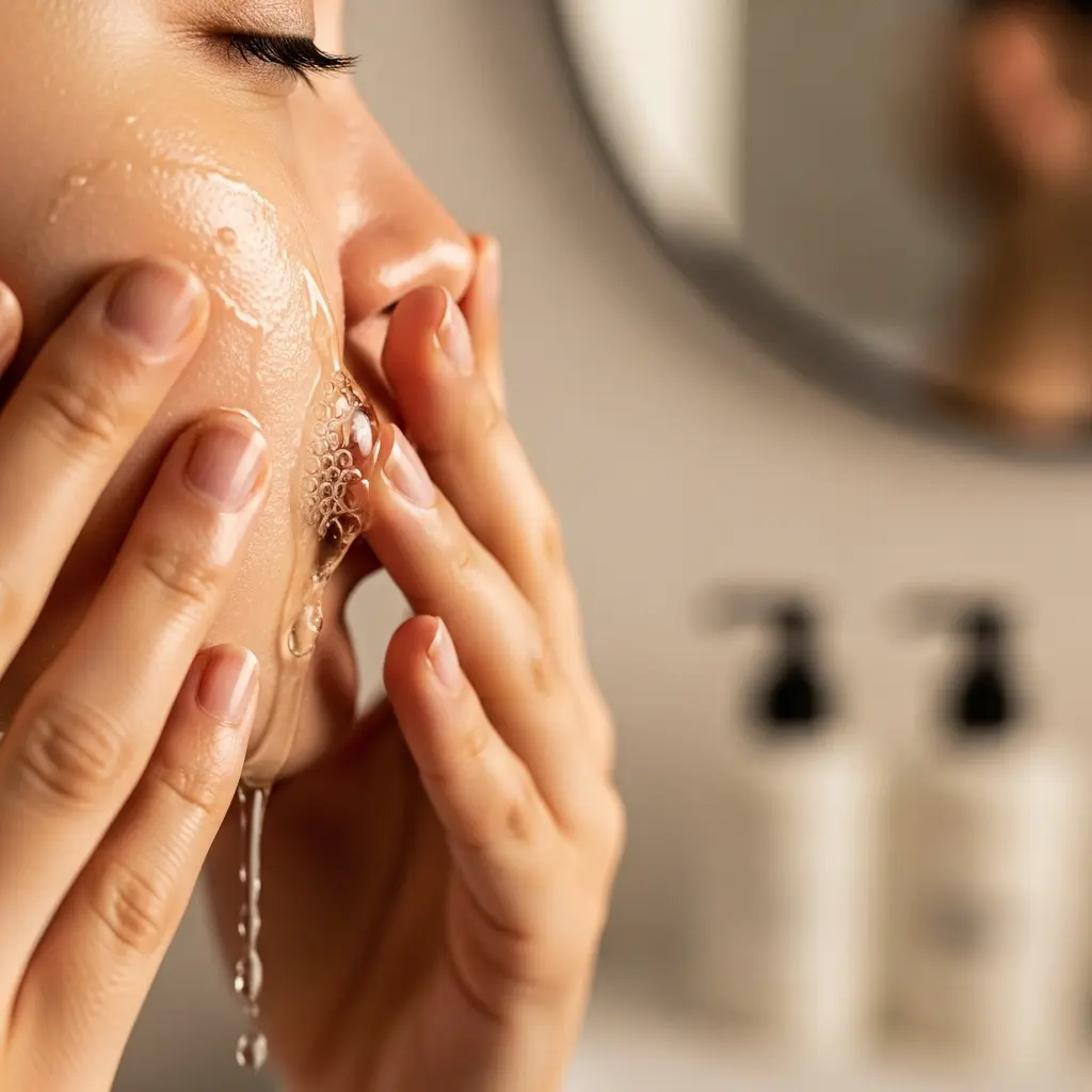 This image beautifully captures a close-up, profile view of a person, likely a woman, engaged in a skincare routine. Their hands are gently cupped around the side of their face, applying or rinsing a clear, bubbly liquid that is cascading down their cheek and dripping from their jawline. The visible portion of their face shows smooth, hydrated skin, a closed eye with prominent eyelashes, and the side of their nose. In the softly blurred background, a round mirror reflects a faint silhouette, while two pump bottles, presumably skincare or bath products, are visible on a counter, clearly indicating a bathroom setting.

Keywords: Skincare, face washing, cleansing, bubbles, water, dripping, hands, profile, beauty, freshness, routine, bathroom, mirror, hydrating, self-care, clear liquid, gentle, pampering, hygiene.