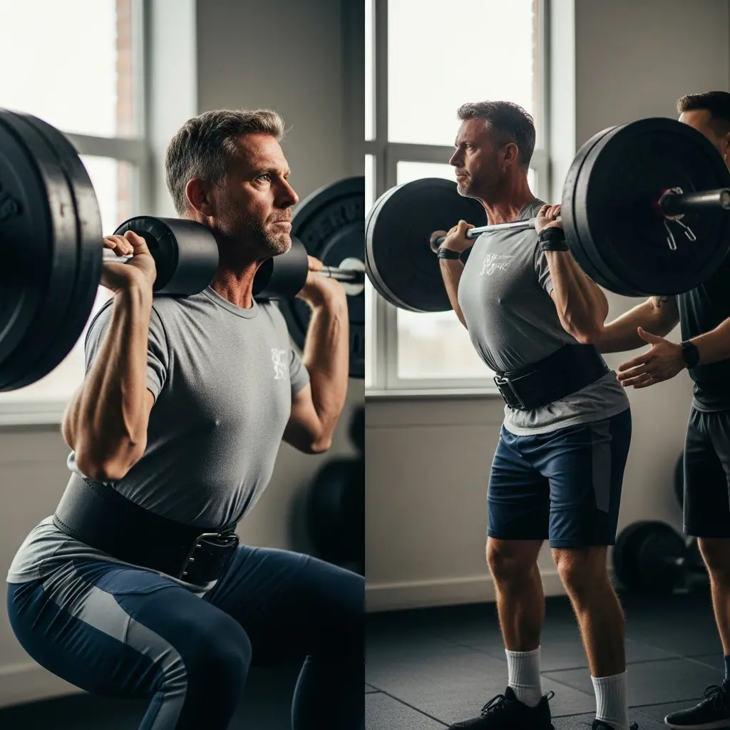This picture depicts a powerful split image of a muscular, middle-aged man performing barbell squats in a gym setting. On the left side, he is shown in a deeper squat position, wearing athletic pants and utilizing a thick, padded squat bar, with a focused expression as he looks off to the side. The right side shows the same man in athletic shorts, mid-squat, with a personal trainer or spotter standing behind him, offering assistance and guidance. In both instances, he wears a grey t-shirt, a black weightlifting belt, and grips the barbell firmly, highlighting his dedication to strength training and proper form.

Keywords: Squat, Barbell, Weightlifting, Gym, Strength training, Man, Lifter, Fitness, Workout, Spotter, Trainer, Weightlifting belt, Athletic wear, Exercise, Form, Focus, Padded barbell, Muscular, Profile view, Personal training.