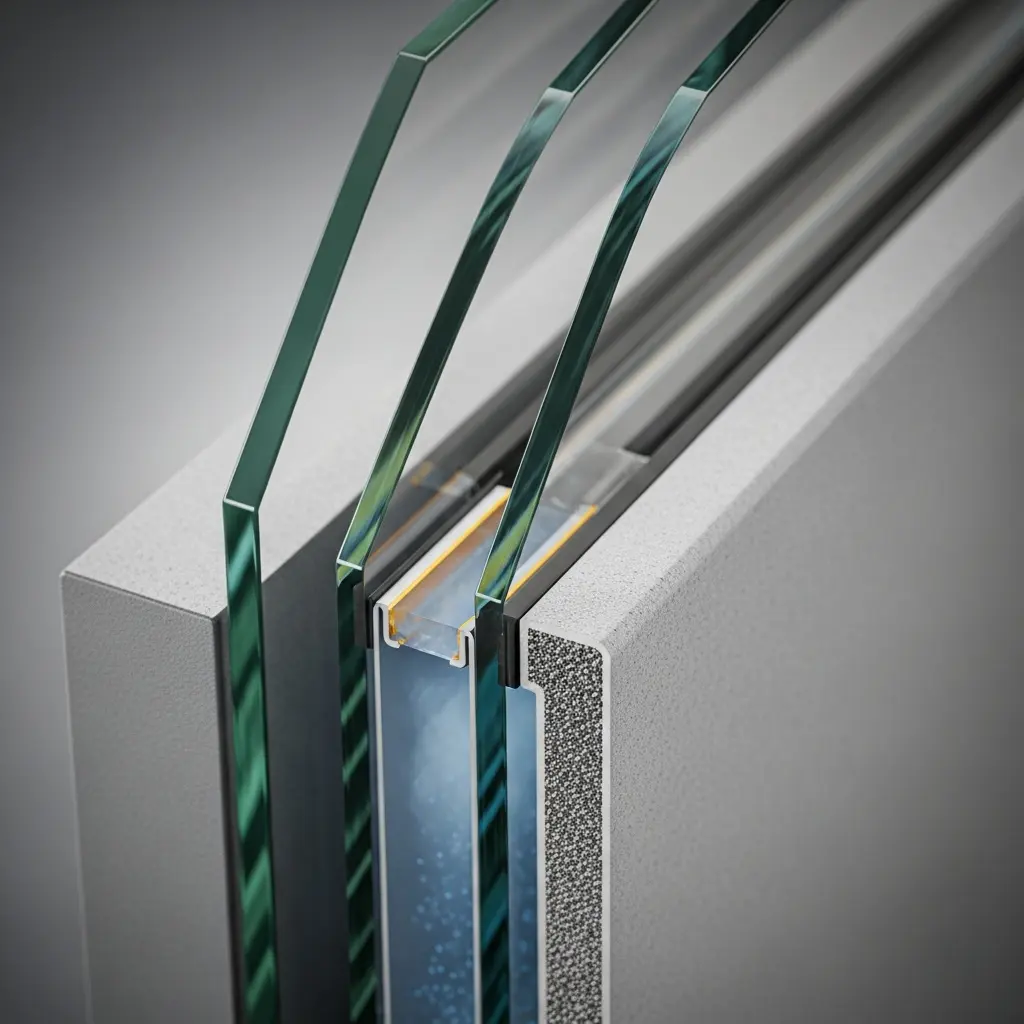 This image provides a detailed cross-section view of a multi-pane insulating glass unit, commonly found in high-performance windows. It clearly shows three distinct layers of clear, thick glass panes, separated by precisely engineered cavities. The inner cavity contains an insulating gas, depicted with a subtle blue tint and small bubbles, sealed by a yellowish spacer bar, while the outer cavity appears to be an air or inert gas gap. This entire assembly is meticulously embedded within a sturdy, textured grey frame or wall section, which also features granular black insulation material along its interior edge. The depiction emphasizes the complex engineering involved in creating thermally efficient and sound-reducing window systems.

Insulating glass unit, IGU, triple glazing, cross-section, window, glass panes, thermal insulation, energy efficiency, spacer bar, sealant, argon gas, window frame, building materials, construction, layers, soundproofing, modern architecture.