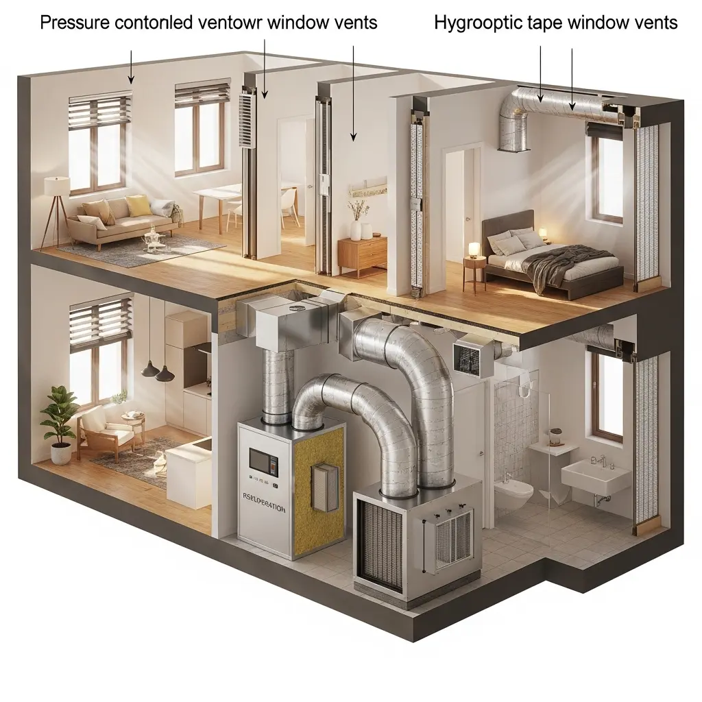 This image provides a detailed cutaway view of a two-story residential building, illustrating an integrated heating, ventilation, and air conditioning (HVAC) system. On the lower floor, two prominent metallic units, one labeled \