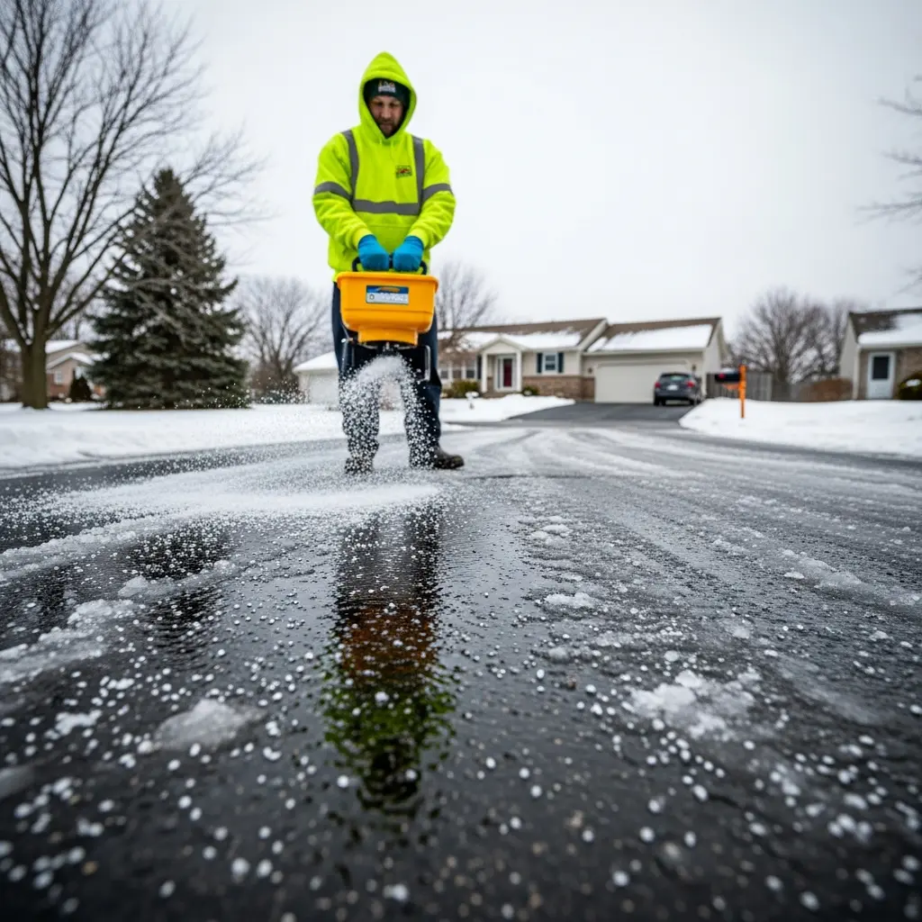 This low-angle photograph captures a person actively spreading white de-icing salt onto a dark, wet, and icy paved surface during winter. The individual wears a highly visible neon yellow-green reflective hoodie and blue gloves, holding a yellow handheld spreader that dispenses numerous white granules onto the ground. The scattered salt creates a visible contrast against the dark pavement, where patches of ice and melted water reflect the surroundings, including the person's bright clothing. In the background, a snow-covered residential street with bare trees and houses under an overcast sky emphasizes the cold, wintry conditions.

Keywords: Winter, snow, ice, de-icing, salt, spreader, person, reflective clothing, safety gear, pavement, street, residential, cold, melting, granules, hoodie, gloves, landscape, outdoors, grey sky.