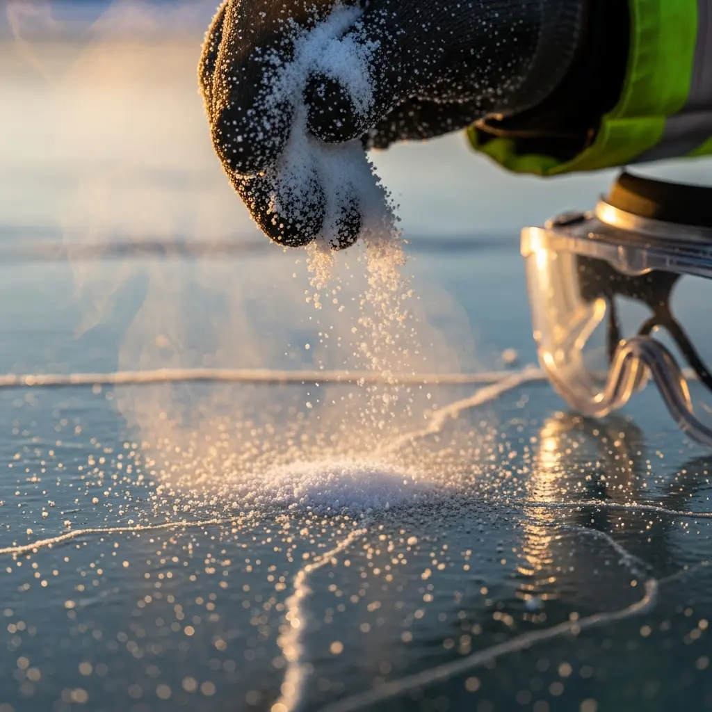This captivating picture depicts a gloved hand in the process of pouring a white, granular substance onto a reflective, icy surface. The dark grey glove, contrasted by a visible high-visibility sleeve, carefully releases the particles, which are caught in the golden light as they fall. Where the substance lands on the seemingly frozen ground, a faint mist or steam rises, suggesting a chemical reaction or rapid melting occurring due to the interaction with the cold surface. Nearby, a pair of clear safety glasses rests on the ice, reflecting the warm glow of what appears to be late afternoon or early morning sunlight, highlighting the cracks and lines etched into the ice.

Keywords: Hand, gloved hand, pouring, granular substance, white pellets, ice, de-icing, melting, steam, mist, cold weather, safety glasses, high-visibility clothing, golden hour, sunlight, reflection, winter, experiment, chemical reaction, outdoor.