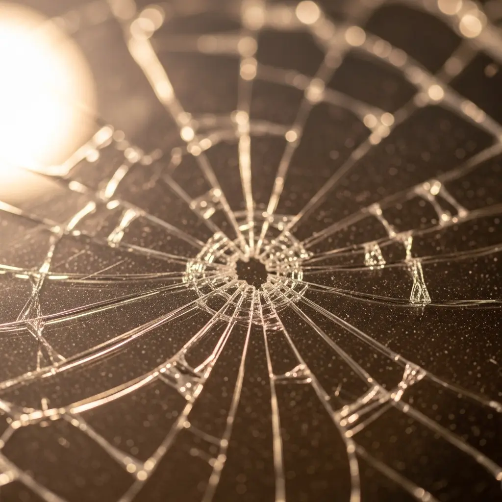 This close-up image depicts a piece of shattered glass, likely a screen or window, with a prominent central impact point. From this epicenter, a dense network of intricate, spiderweb-like cracks radiates outwards, reflecting a warm, out-of-focus light source positioned in the upper left corner. The brilliant highlights on the jagged crack lines starkly contrast with the dark, possibly dusty background, creating a dramatic and textured visual. The shallow depth of field keeps the focus sharply on the fractured surface, emphasizing its delicate yet damaged structure.

shattered glass, broken screen, cracks, spiderweb, impact point, reflection, light, dark background, fractured, damage, glare, texture, abstract, close-up, radial pattern, fragility, destruction, highlight, bokeh
