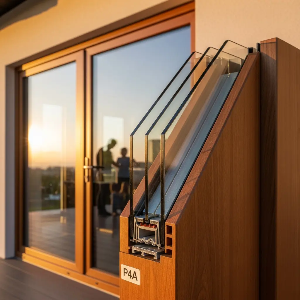 The image depicts a detailed cross-section of a modern, high-performance window frame, showcasing its intricate construction. Three panes of glass are visible, indicating triple glazing, set within a sophisticated, multi-chamber insulated profile made of a warm, wood-effect material. In the background, large glass sliding doors, likely of the same type, reflect a beautiful golden sunset and the blurred silhouettes of two people. A white label on the display reads \