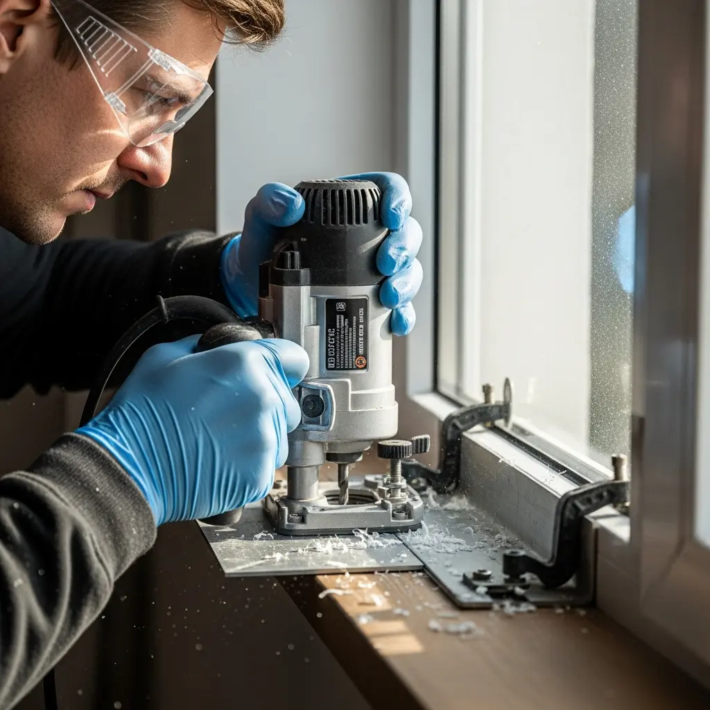 The image depicts a focused individual, wearing clear safety glasses and bright blue nitrile gloves, operating a compact power router. He is meticulously cutting into a light-colored material, possibly plastic or aluminum, which rests on a wooden window sill. The tool is guided by a template securely clamped to the window frame, indicating precision work. Fine white shavings are visible around the cutting area, illuminated by bright daylight streaming through the window.

Keywords: Man, router, safety glasses, blue gloves, cutting, window, window sill, precision work, template, shavings, power tool, plastic, aluminum, craftsman, installation, woodworking, daylight, protective gear, home improvement.