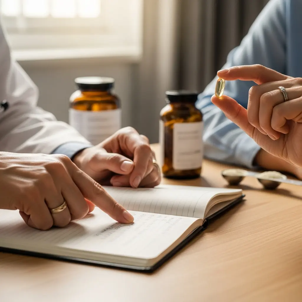 This image depicts a close-up scene of a consultation between two individuals, likely a healthcare professional and a patient, seated at a wooden table. On the left, a person in a white lab coat is pointing with their right hand to handwritten notes within an open notebook, suggesting they are explaining or reviewing information. On the right, another person, wearing a blue striped shirt, holds up a single, translucent yellow softgel capsule, possibly a vitamin or supplement like fish oil, between their thumb and forefinger. In the background, two amber glass bottles with labels and two small silver measuring spoons containing a light-colored powder are visible on the table, while natural light streams in from a window. The overall scene suggests a discussion about health, supplements, or medication.

Keywords: medical, consultation, healthcare, supplements, vitamins, omega-3, fish oil, doctor, patient, notebook, explanation, amber bottles, wellness, advice, hands, capsule, nutrition, prescription, medication, appointment.