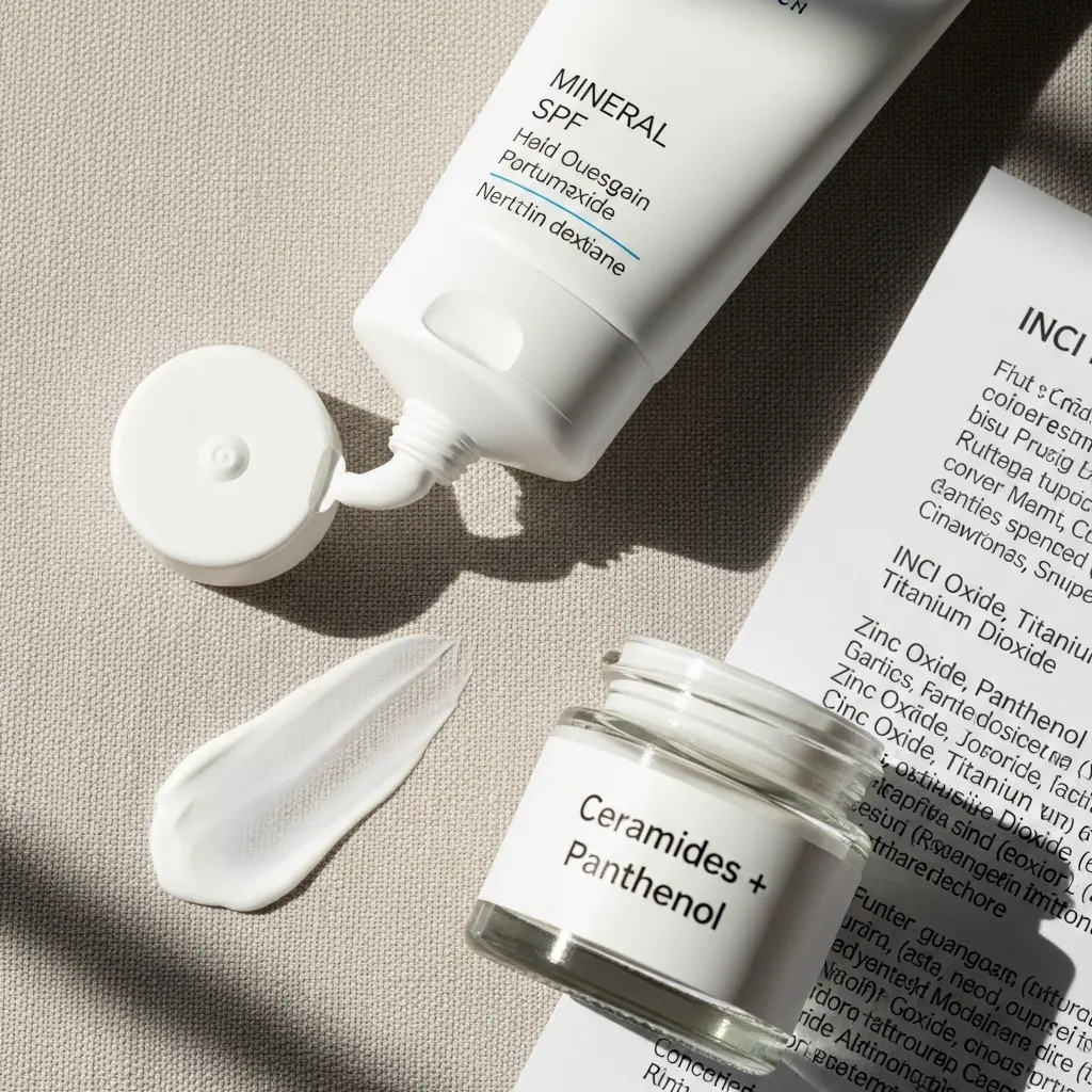 This bright, overhead shot captures a collection of skincare products arranged on a light, textured fabric background. A white tube, clearly labeled "MINERAL SPF," lies open with a small dollop of sunscreen emerging from its nozzle. Adjacent to it, a sleek, clear glass jar, labeled with "Ceramides + Panthenol," indicates a hydrating or barrier-supportive cream. A smooth, white swatch of cream, possibly from one of the featured products, is artfully spread on the fabric, demonstrating its texture. Completing the scene is a partially visible white paper displaying an "INCI" (International Nomenclature of Cosmetic Ingredients) list, underscoring the scientific and transparent aspects of the products.

Skincare, cosmetics, sunscreen, SPF, cream, lotion, ceramides, panthenol, zinc oxide, titanium dioxide, product swatch, ingredient list, INCI, flat lay, beauty, minimalist, textured background, open tube, glass jar.