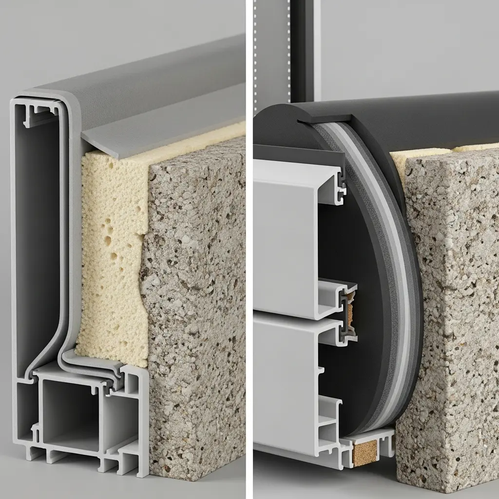 This image presents two detailed cross-sectional views illustrating modern building envelope construction, specifically focusing on the integration of window or door frames into a wall structure. On the left, a light grey, multi-chambered frame profile is shown embedded in a rough concrete wall, with a substantial layer of porous yellow foam acting as thermal insulation between the frame and the wall, topped by a grey weather-stripping element. The right panel displays a white multi-chambered frame profile against a similar concrete wall, featuring a more complex, multi-layered black cylindrical component that provides advanced thermal, acoustic, and airtight sealing, with a small cork support block at the bottom. Both sections highlight different approaches to achieve robust thermal performance, weather protection, and airtightness, crucial elements in energy-efficient building design. The detailed cutaways allow for a clear understanding of the various materials and their assembly within the building system.

Keywords: Cross-section, building detail, window frame, door frame, thermal insulation, wall structure, concrete, foam insulation, multi-chamber profile, sealing system, weatherproofing, energy efficiency, construction technology, building envelope, architectural detail, material layers, airtightness, acoustic insulation.