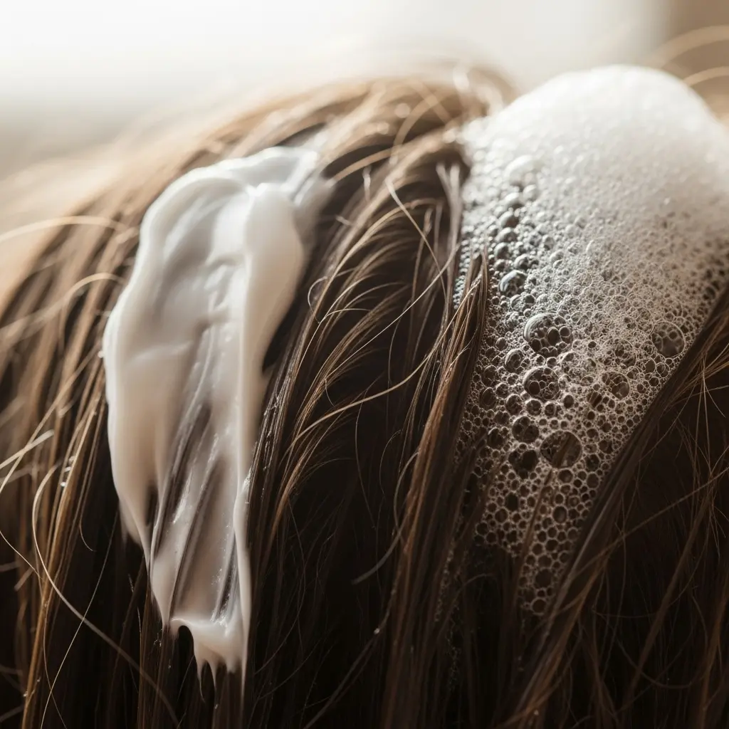 This close-up image depicts a person's wet, brown hair undergoing a treatment or washing process. On the left side, a thick, white, creamy substance, likely conditioner or a hair mask, is visibly applied to the individual strands of hair. To the right, a large section of the hair is covered in a dense layer of small, delicate foam bubbles, indicating the presence of shampoo or another lathering product. The overall scene suggests a routine of hair care, showing both conditioning and cleansing elements in action.

Keywords: Hair, Shampoo, Conditioner, Foam, Bubbles, Haircare, Treatment, Washing, Wet hair, Product, Brown hair, Scalp, Lather, Cleanse, Nourish, Beauty, Close-up, Texture.