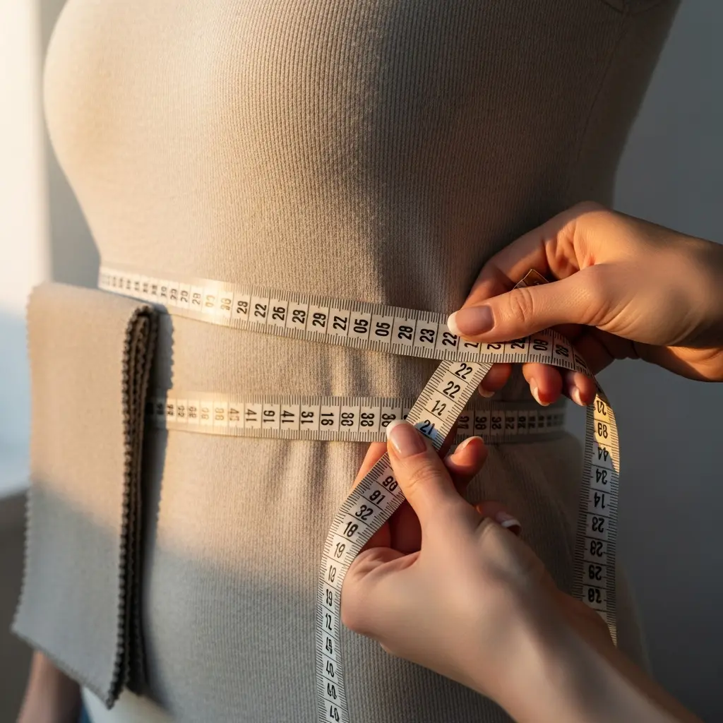 This detailed image captures a close-up of a person's torso, specifically the waist area, being measured with two separate tapes. The subject is dressed in a fitted, light beige ribbed top, with warm sunlight illuminating the left side and highlighting the fabric's texture. Two female hands, adorned with elegant French manicures, meticulously hold the white measuring tapes taut around the upper and lower waist, indicating precise measurements. A folded swatch of matching fabric is visible on the left, suggesting a design or tailoring context.\n\nMeasuring, waist, tailor, tailoring, fashion, design, seamstress, clothing, garment, body measurement, measuring tape, hands, manicure, ribbed fabric, beige, natural light, precision, accuracy, textile, fabric swatch.