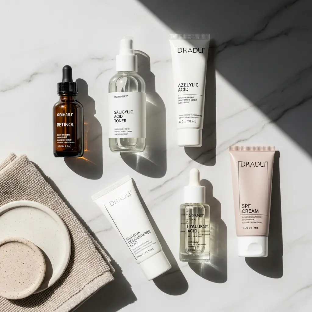This image displays a meticulously arranged flat lay of various skincare products on a pristine white marble surface, illuminated by bright, natural light that casts striking diagonal shadows. The collection features several essential items, including a brown dropper bottle of \