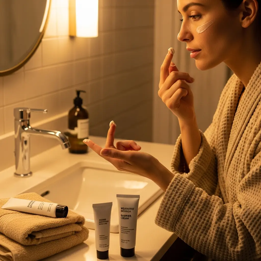 This close-up image captures a woman in a comfortable beige waffle-knit bathrobe engaged in her evening skincare routine. She is seen from the side, delicately applying a white cream to her cheek with her finger, with more product visible on her other hand. The setting is a modern bathroom with warm lighting, featuring a sleek white counter, a chrome faucet, and tiled walls. Arranged neatly on the counter are several tubes of \