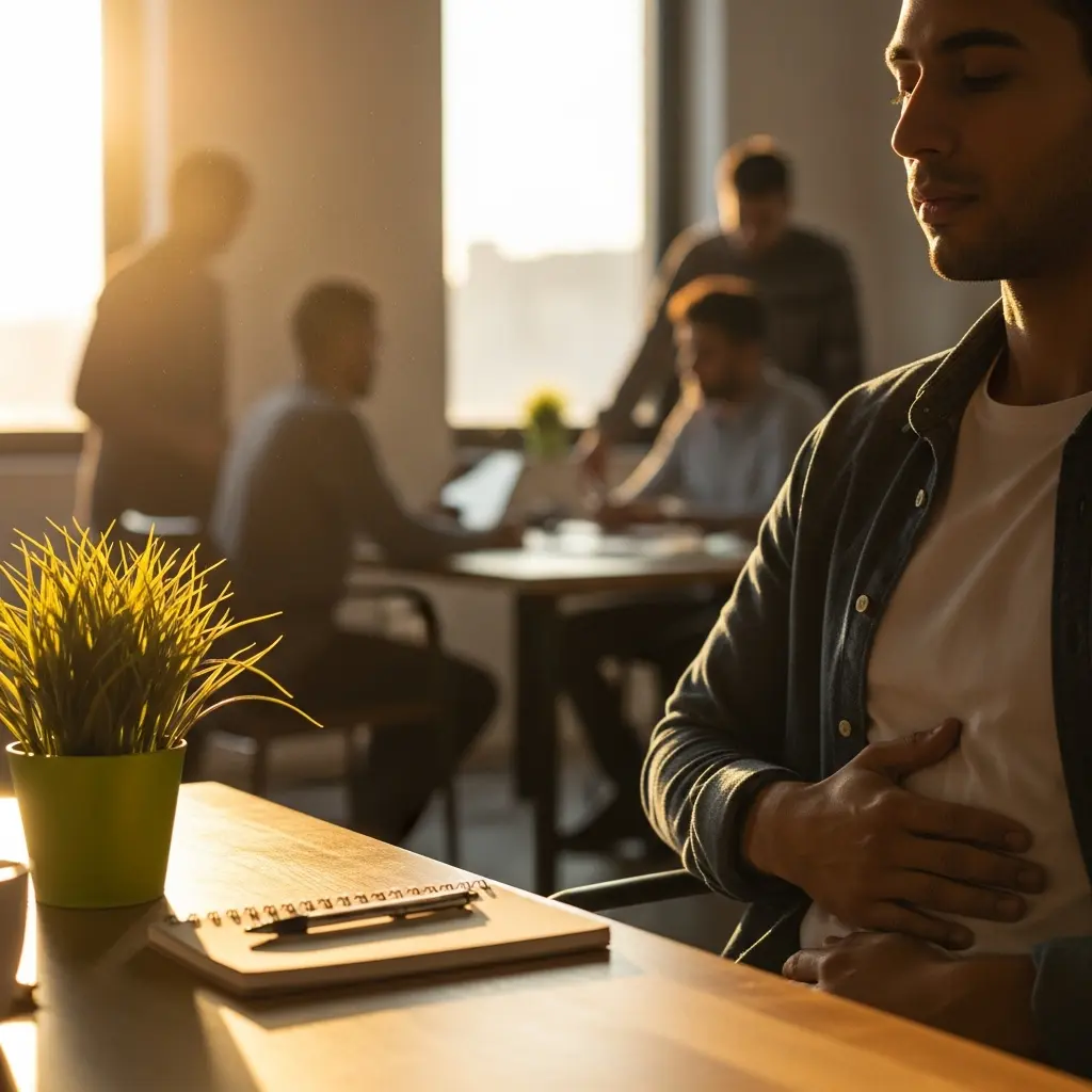 This image depicts a man in the foreground, seated at a wooden desk, with his eyes closed or looking down, and his hand resting on his stomach, suggesting discomfort or deep thought. He is wearing a denim shirt over a white t-shirt. In the blurred background, several other figures are visible in an office setting, gathered around tables, likely engaged in work or a discussion, all bathed in a warm, golden light streaming from windows. On the desk in front of the man, a potted green plant, a spiral-bound notebook, and a pen are neatly arranged, catching the soft glow. The scene combines a moment of personal introspection or physical sensation with the backdrop of a busy workplace.

Keywords: Office, man, stomach, discomfort, pain, introspection, work, colleagues, golden hour, sunlight, desk, plant, notebook, pen, blurred, indoor, workplace, contemplation, business, casual.