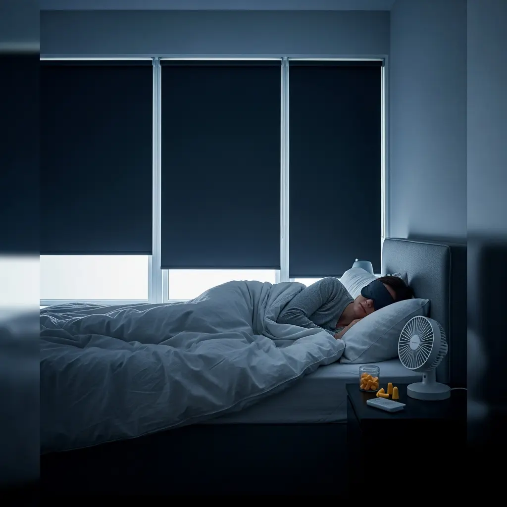 This peaceful image depicts a person soundly asleep in a dimly lit bedroom, designed for optimal rest. The individual, wearing a dark sleep mask, lies comfortably on their side under a soft white duvet, with their head resting on a white pillow. Behind the bed, three large windows are fitted with dark blackout roller blinds, mostly drawn down to block out light, though a sliver of brightness is visible at the very bottom. On the bedside table to the right, a small white fan, a clear jar filled with orange earplugs, and a white remote control are visible, suggesting a deliberate setup for undisturbed sleep. The room's overall ambiance is cool and tranquil, emphasizing comfort and quietude.

Keywords: Sleeping, bedroom, blackout blinds, sleep mask, duvet, pillow, nightstand, fan, earplugs, dark room, tranquil, peaceful, comfort, rest, sleep aid, remote control, windows, interior, relaxation, blue tones.