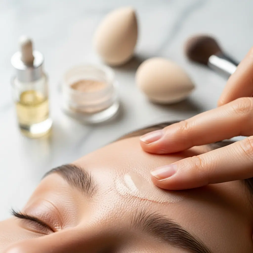 This detailed close-up image depicts the application of a cosmetic product to a person's forehead. A hand, with two fingers, is gently dabbing or blending a light-colored liquid foundation or primer onto the skin, creating a visible streak. In the soft-focus background, various beauty tools and products are arranged on a white marble surface, suggesting a comprehensive skincare or makeup routine. These background items include two egg-shaped beauty blenders, a fluffy makeup brush, a small pot of loose powder, and a glass dropper bottle containing a yellow liquid, likely a facial oil or serum. The scene conveys a sense of meticulous beauty preparation.

Keywords: Makeup, cosmetics, beauty, foundation, skincare, application, blending, forehead, hand, fingers, beauty blender, makeup sponge, powder, serum, dropper bottle, makeup brush, marble surface, close-up, routine, glowing skin.