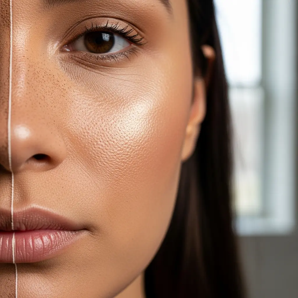 The image presents a striking close-up, split-screen view of a woman's face, meticulously divided by a thin white vertical line. The left half reveals natural skin texture with visible pores and subtle imperfections, showcasing an authentic, unadorned complexion, with a rougher, darker appearance at the very edge suggesting raw skin or perhaps a powdery product. In stark contrast, the right half displays a flawless, radiant complexion, expertly enhanced with makeup, including a smooth foundation, subtle blush, and a luminous highlighter on the cheekbone and under the eye. Her dark brown eye on this side is impeccably defined with mascaraed lashes, contributing to a polished and refined appearance. This visual eloquently contrasts the raw beauty of natural skin with the transformative effects of cosmetic application.

Keywords: Woman, face, split-screen, before and after, makeup, natural skin, flawless skin, complexion, beauty, cosmetics, foundation, highlighter, blush, eye, eyelashes, pores, skin texture, transformation, comparison, unadorned.