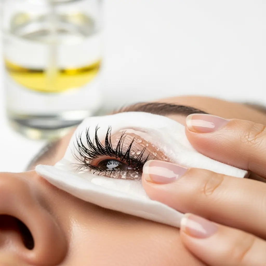 This close-up image depicts a person's eye during the process of makeup removal. A hand with neatly manicured nails gently holds a white cotton pad, which appears soaked with liquid, over the eyelid. Prominent dark, mascaraed eyelashes are visible, with tiny droplets of clear liquid clinging to them and the eyelid, suggesting the use of a liquid makeup remover to dissolve the eyeshadow. In the softly blurred background, a clear bottle containing a biphasic yellow and clear liquid, likely an oil-based makeup remover, is visible. The scene captures a common step in a beauty and skincare routine.

Keywords: Eye, eyelashes, makeup removal, cotton pad, hand, beauty, skincare, mascara, eyeshadow, liquid, oil, bottle, cosmetic, cleansing, close-up, woman, beauty routine, treatment, hygiene, product.