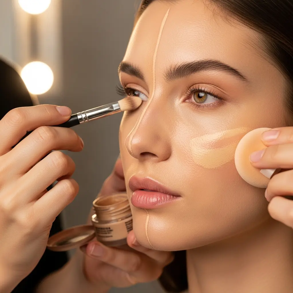 This image vividly depicts a close-up of a woman receiving professional makeup application, highlighting the intricate steps involved in creating a flawless complexion. Two pairs of hands are actively engaged: one hand delicately uses a makeup brush to blend a lighter-toned product near her eye and along her nose, following pre-applied contouring lines on her face. Simultaneously, another hand gently presses a round makeup sponge onto her cheek to blend a patch of foundation, while also holding a small, open pot of the creamy cosmetic product. The woman's expression is calm, and the soft, warm lighting in the background, indicated by blurred circular lights, suggests a professional studio or vanity setting where beauty is enhanced with precision.

Keywords: Makeup application, beauty, woman, foundation, concealer, contouring, highlighting, makeup brush, makeup sponge, cosmetics, professional makeup, beauty studio, facial makeup, glamour, hands, face, beauty product, skin, artistry.