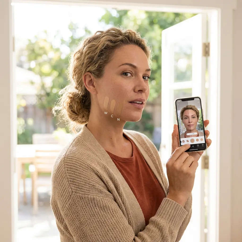 This image captures a woman in a bright, sunlit indoor setting, actively engaged in finding her perfect foundation shade. Three distinct makeup swatches, labeled 'W', 'C', and 'N', are visibly applied to her jawline for physical comparison. Simultaneously, she holds an iPhone displaying a virtual try-on application that mirrors her face, showcasing different foundation options digitally applied. The background reveals a large window or door looking out onto a vibrant outdoor patio or garden area. The scene highlights a blend of traditional makeup testing with modern augmented reality technology to assist in beauty product selection.\n\nKeywords: Woman, foundation, makeup, swatches, smartphone, virtual try-on, augmented reality, beauty app, shade matching, cosmetics, testing, indoor, sunny, patio, technology, curly hair, beige cardigan, undertones, beauty, digital.