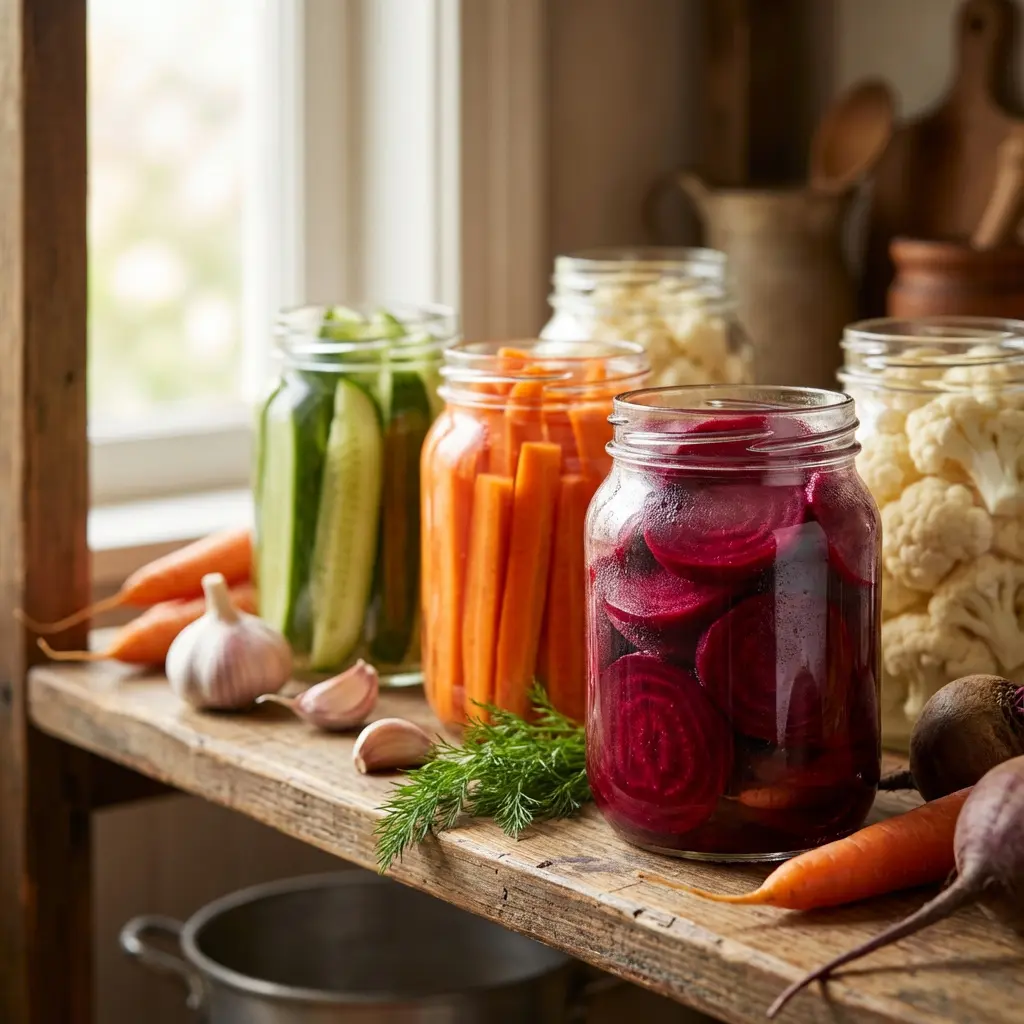 This charming image showcases an array of colorful pickled vegetables neatly stored in glass jars on a rustic wooden shelf. Various jars are filled with vibrant produce, including sliced cucumbers, bright orange carrot sticks, deep red beet slices, and white cauliflower florets. Scattered around the jars are fresh ingredients like whole carrots, garlic cloves, and sprigs of dill, hinting at the process of food preservation. The scene is warmly lit by natural light streaming through a window in the background, creating a cozy and inviting home kitchen atmosphere.

Keywords: Pickled vegetables, canning jars, rustic shelf, cucumbers, carrots, beets, cauliflower, garlic, dill, food preservation, home kitchen, vibrant, fresh, healthy, window light, wooden, preserved, homemade.