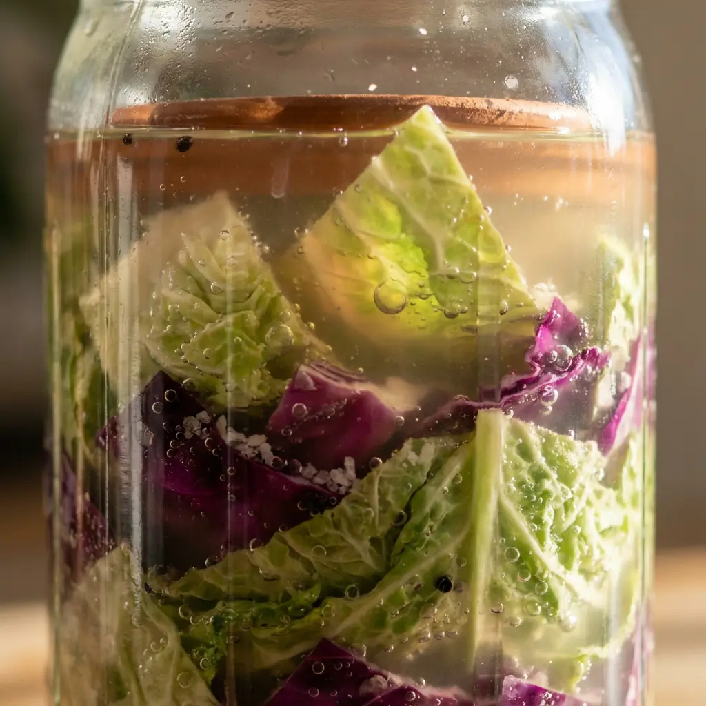 This close-up image depicts vibrant green and purple cabbage pieces submerged in a clear liquid within a glass jar. Numerous tiny bubbles cling to the surface of the vegetables and the interior of the jar, suggesting an active fermentation or pickling process. A round wooden disc, likely a fermentation weight, is visible just below the liquid's surface, keeping the cabbage submerged. Scattered within the cloudy brine are small white salt crystals and dark specks, possibly peppercorns, indicating the ingredients for preserving the vegetables.

Keywords: Cabbage, glass jar, fermentation, pickling, brine, bubbles, green cabbage, red cabbage, purple cabbage, submerged, salt, peppercorns, wooden weight, food preservation, close-up, vibrant, homemade, healthy food.