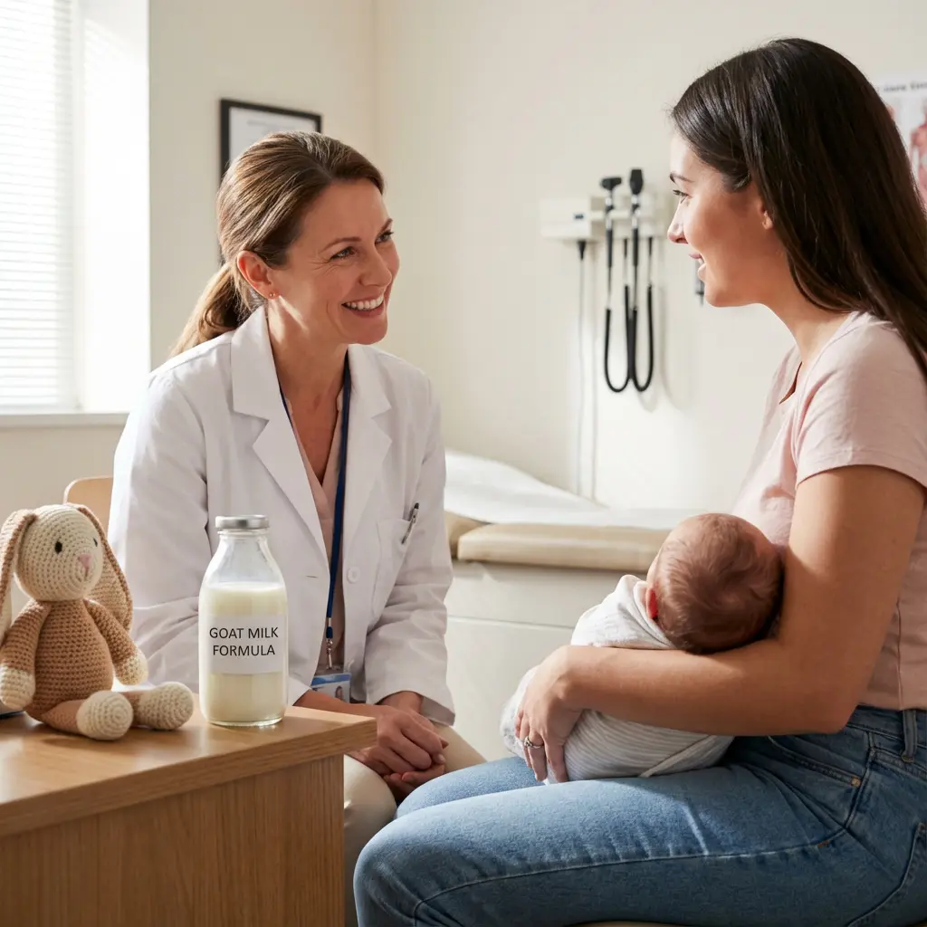 In a bright doctor's office, a smiling female physician in a white lab coat is engaged in a warm conversation with a young mother holding her swaddled newborn baby. The mother, also smiling, cradles her infant attentively while looking at the doctor. On a wooden table in the foreground, a knitted bunny plush toy sits beside a glass bottle clearly labeled "GOAT MILK FORMULA," indicating a discussion about infant feeding. The background reveals a typical clinical setting with an examination table and various medical instruments mounted on the wall. The scene conveys a supportive medical consultation regarding the baby's care.

Keywords: Doctor, pediatrician, mother, baby, infant, newborn, clinic, consultation, medical, examination room, goat milk formula, formula feeding, bottle, stuffed animal, bunny, healthcare, discussion, childcare, support, white lab coat.