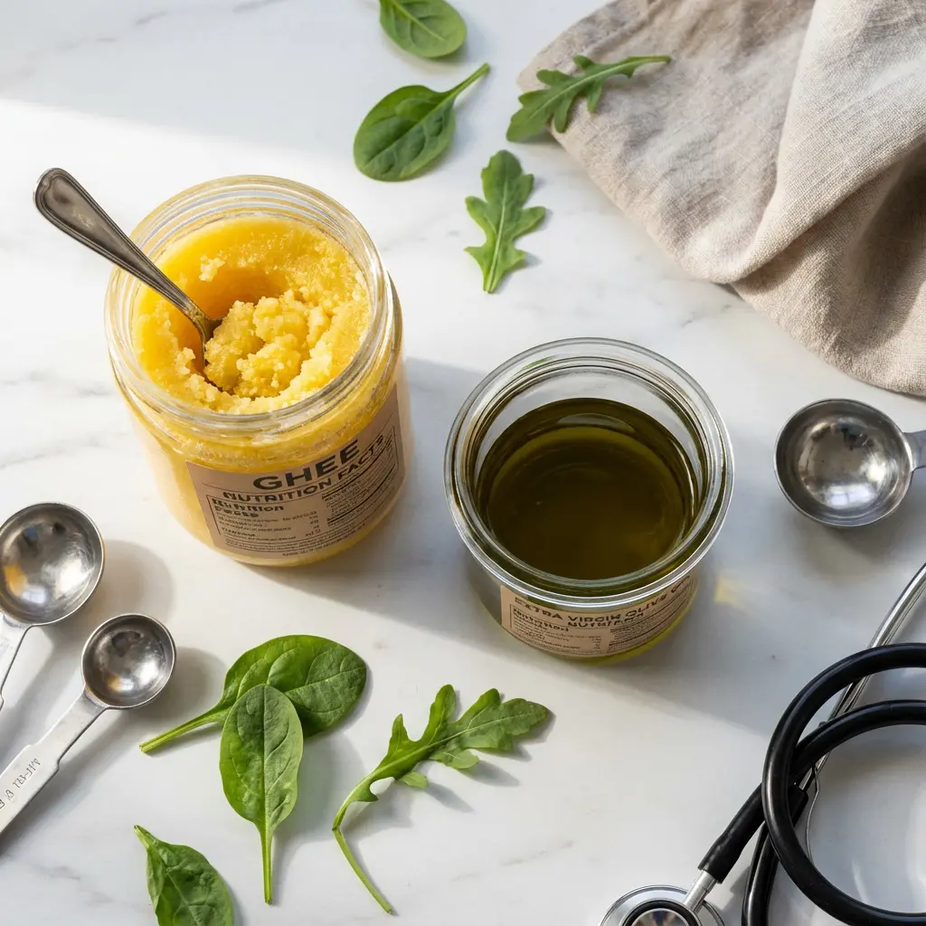 This bright, overhead shot showcases various ingredients and tools arranged on a pristine white marble surface. In the foreground, a clear glass jar filled with granular, yellow ghee has a silver spoon resting inside, while next to it, another clear jar holds dark green extra virgin olive oil. Scattered around these central items are fresh green leaves, including smooth spinach and distinctively jagged arugula, along with several silver measuring spoons, a folded beige linen cloth, and a black stethoscope, creating a composition that suggests a theme of health, nutrition, and culinary wellness.
Keywords: Ghee, clarified butter, extra virgin olive oil, spinach, arugula, fresh greens, measuring spoons, white marble, linen cloth, stethoscope, health, wellness, cooking ingredients, nutrition, kitchen, fats, healthy eating, flat lay.