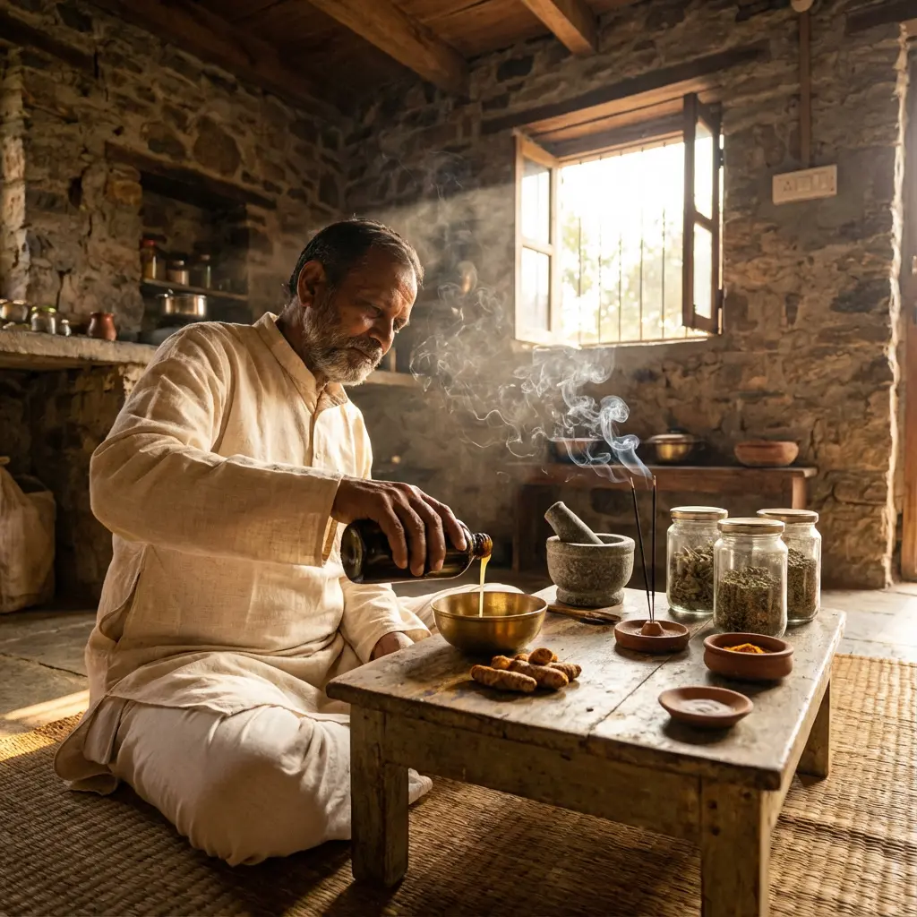 This picture depicts an elderly man with a beard, dressed in traditional light-colored clothing, sitting on a mat on the floor and meticulously pouring a golden liquid from a dark bottle into a brass bowl. The small wooden table in front of him holds various items, including fresh turmeric roots, a stone mortar and pestle, burning incense sticks producing visible smoke, and several glass jars filled with dried herbs or spices. Sunlight streams in through an open window in the background, illuminating the smoke and highlighting the rustic stone walls and wooden ceiling of the room, suggesting a traditional kitchen or apothecary setting. The scene conveys a sense of calm focus, traditional practice, and natural preparation.
**Keywords:** Elderly man, traditional attire, pouring oil, brass bowl, turmeric roots, mortar and pestle, incense sticks, smoke, dried herbs, spices, rustic room, stone walls, wooden ceiling, sunlight, window, traditional medicine, Ayurveda, natural healing, concentration, preparation.
