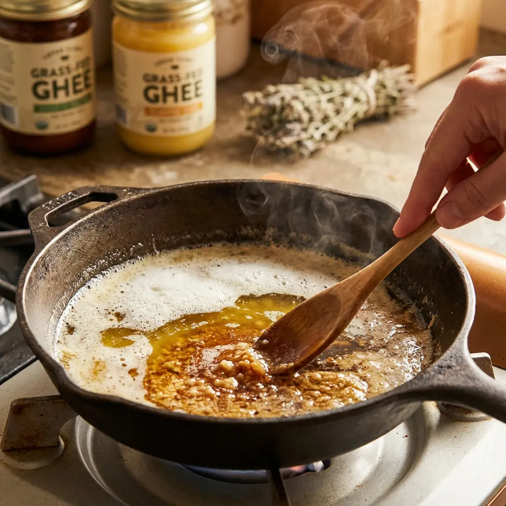 This detailed image captures a close-up of a cast iron skillet actively cooking on a gas stovetop, where a hand uses a wooden spoon to stir a bubbling mixture of melted fat and what appears to be browning aromatics like garlic or spices. Steam gently rises from the hot contents, emphasizing the cooking process. In the softly blurred background, two jars of "GRASS-FED GHEE" are prominently displayed, alongside a bundle of dried herbs, hinting at the culinary ingredients. The warm lighting and active preparation evoke a cozy and inviting kitchen scene.

Keywords: Cooking, cast iron skillet, ghee, melted butter, sautéing, wooden spoon, stirring, kitchen, stovetop, food preparation, dried herbs, steam, browning, garlic, organic, culinary, home cooking, pan, gas stove, ingredients.