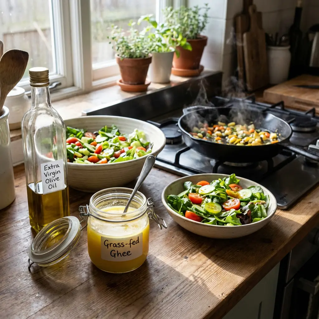 The image depicts a warm and inviting kitchen scene, bathed in natural light filtering through a window. A rustic wooden countertop serves as the stage for healthy meal preparation, featuring two bowls overflowing with fresh green salad, accented with sliced cucumbers and cherry tomatoes. Nearby, a cast-iron pan on a gas stovetop emits steam as colorful diced vegetables cook, while essential cooking fats like a labeled bottle of \