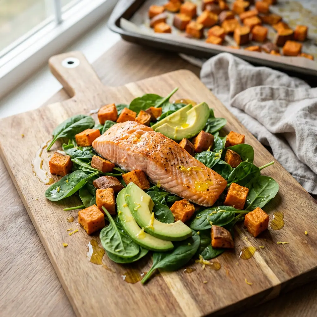 This vibrant image depicts a healthy and delicious meal artfully arranged on a rustic wooden cutting board. A perfectly cooked salmon fillet, glistening with oil and seasoned with pepper and lemon zest, takes center stage, resting on a generous bed of fresh green spinach leaves. Surrounding the salmon are numerous golden-orange roasted sweet potato cubes and creamy slices of avocado, all lightly drizzled with a savory dressing. In the softly blurred background, a baking sheet filled with more roasted sweet potatoes suggests recent preparation, while natural light streams in from a nearby window, enhancing the fresh and appealing presentation of the dish.
Salmon, roasted sweet potatoes, spinach, avocado, healthy meal, wooden cutting board, fresh, home-cooked, food photography, vibrant, natural light, dinner, nutritious, skillet salmon, meal prep, wholesome, delicious, lemon zest, olive oil, rustic.