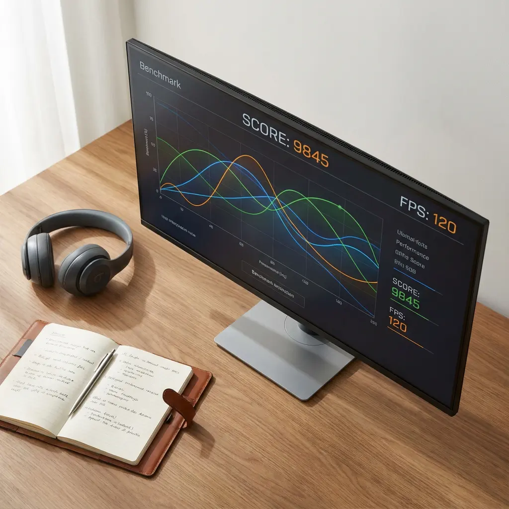 This picture showcases a modern and tidy workspace set on a light-colored wooden desk, illuminated by natural light from the left. A prominent ultrawide monitor displays a digital benchmark interface with a dark background, featuring a graph of several colored lines representing performance metrics and clearly showing a 'SCORE: 9845' and 'FPS: 120'. To the left of the screen, a pair of matte gray Beats over-ear headphones rests beside an open, brown leather-bound notebook filled with handwritten notes and holding a silver pen in its spine. The overall impression is one of productivity and contemporary technology.
Keywords: Workspace, desk, monitor, ultrawide, benchmark, performance score, FPS, graph, headphones, Beats, notebook, handwritten notes, pen, wooden desk, modern, clean, technology, office setup, digital display, data visualization.