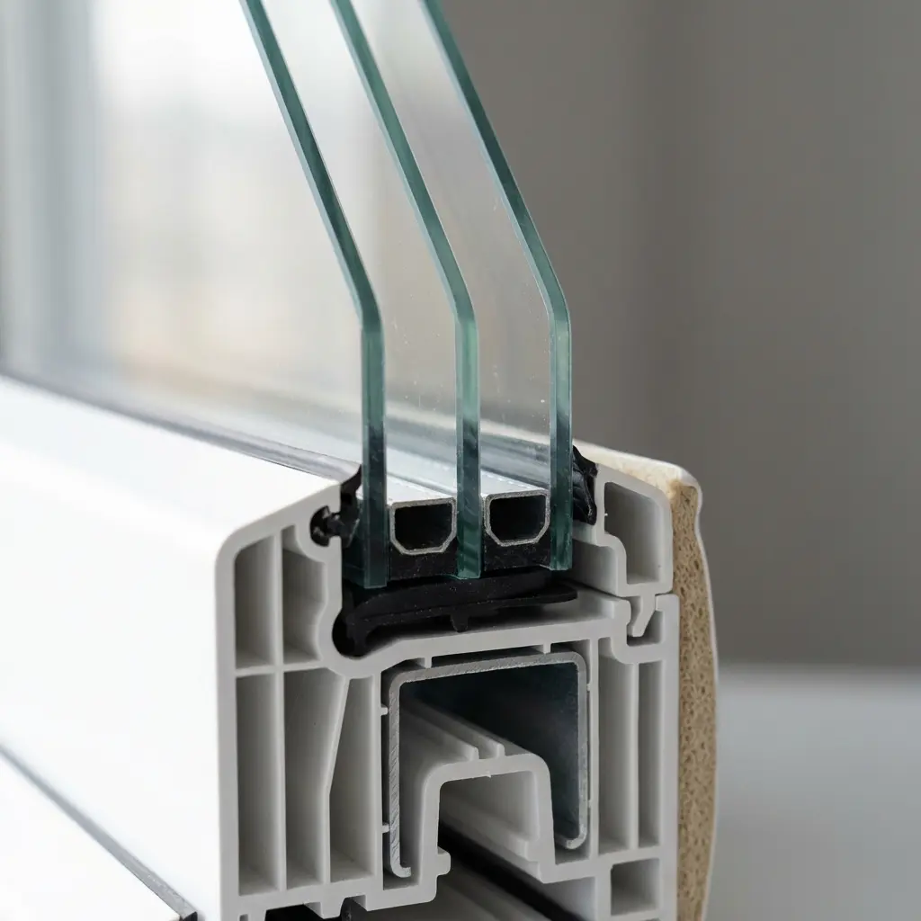 The image displays a detailed cross-section of a modern, energy-efficient window frame and its glazing. It prominently features a triple-glazed unit, indicated by three distinct panes of glass separated by two metallic spacer bars, which typically create sealed chambers filled with inert gas for enhanced thermal insulation. The robust white frame, likely made of uPVC, reveals an intricate multi-chambered internal structure designed to minimize heat transfer, further reinforced by a U-shaped steel profile embedded within. Various black rubber gaskets are visible, ensuring a tight seal against air and moisture, showcasing the complex engineering behind contemporary window systems.

Keywords:
Window, cross-section, triple glazing, uPVC frame, thermal insulation, multi-chambered, insulated glass unit (IGU), spacer bars, rubber gaskets, steel reinforcement, energy efficiency, window technology, building materials, structural integrity, fenestration.