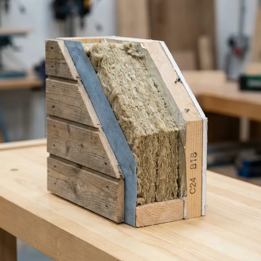 This image displays a detailed cross-section model of a building's exterior envelope, likely illustrating a wall or sloped roof section. The model showcases multiple layers, starting with rustic wooden cladding on the exterior, followed by a grey protective membrane secured with staples. A substantial layer of fibrous insulation, characteristic of mineral wool or fiberglass, fills the space between the internal timber framing. The framing itself is marked with \