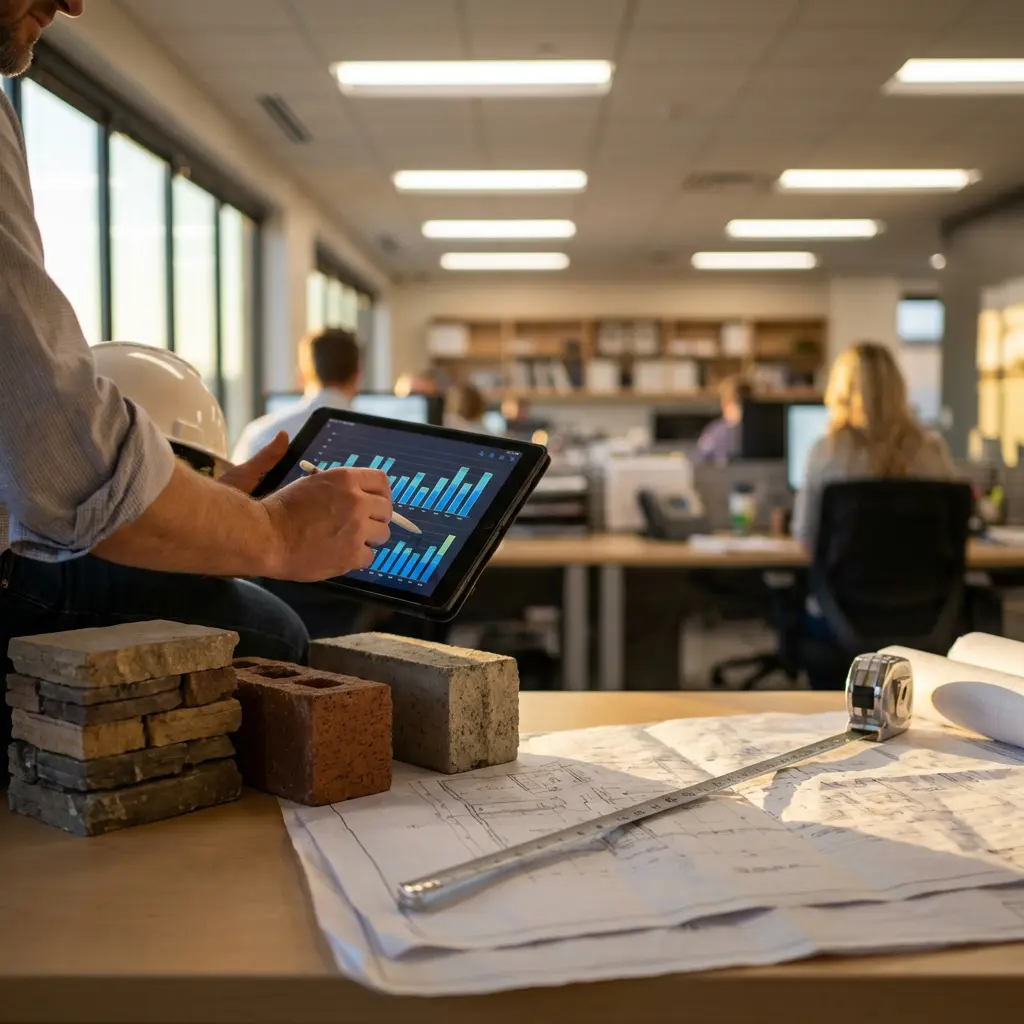 This detailed image depicts a professional, likely an architect or construction manager, reviewing data on a digital tablet within a modern office setting. The person, partially visible and wearing a collared shirt, is using a stylus to interact with bar graphs displayed on the tablet screen, suggesting an analysis of project metrics or finances. In the foreground, a white hard hat rests on the desk beside the person, while a collection of building materials, including various types of bricks and stone samples, are neatly arranged next to rolled-out blueprints and a metal measuring tape. The background shows a busy open-plan office with several blurred figures of colleagues working at their desks, illuminated by bright overhead lights, emphasizing a collaborative and professional environment.

Keywords: Construction, architecture, office, tablet, data analysis, bar graphs, blueprints, measuring tape, building materials, hard hat, professional, workplace, project management, digital tools, planning, engineer, design, collaboration, innovation, desk.