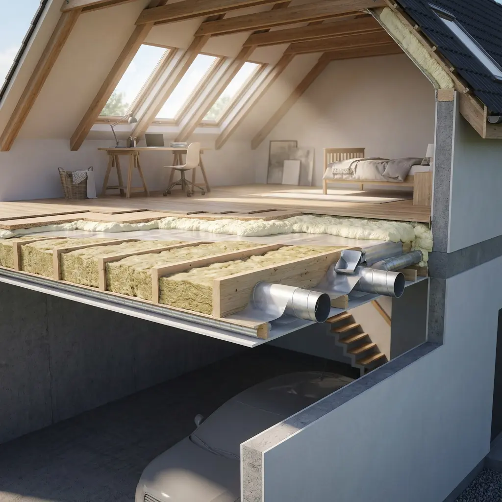 This detailed cutaway diagram provides an insightful view into the multi-level construction of a modern house, emphasizing its structural elements and insulation. The top floor features a bright, spacious attic space, thoughtfully designed as a combined home office with a desk and laptop, and a cozy bedroom with a bed, all illuminated by multiple large skylights and featuring exposed wooden beams. Below this living space, a comprehensive cross-section reveals layers of flooring, including wooden floorboards and sound-dampening underlayment, resting on thick mineral wool insulation packed between sturdy wooden joists. Further down, an intricate network of metal ventilation ducts is integrated into the ceiling structure, spanning above a concrete garage level where a car is parked, with a wooden staircase providing access between floors. The diagram effectively highlights contemporary building practices focused on thermal insulation and air circulation.
Keywords: House, cutaway, architecture, insulation, attic, loft, wooden joists, floorboards, ventilation system, HVAC, ducts, garage, home office, bedroom, skylights, roof structure, concrete, construction, energy efficiency, mineral wool.