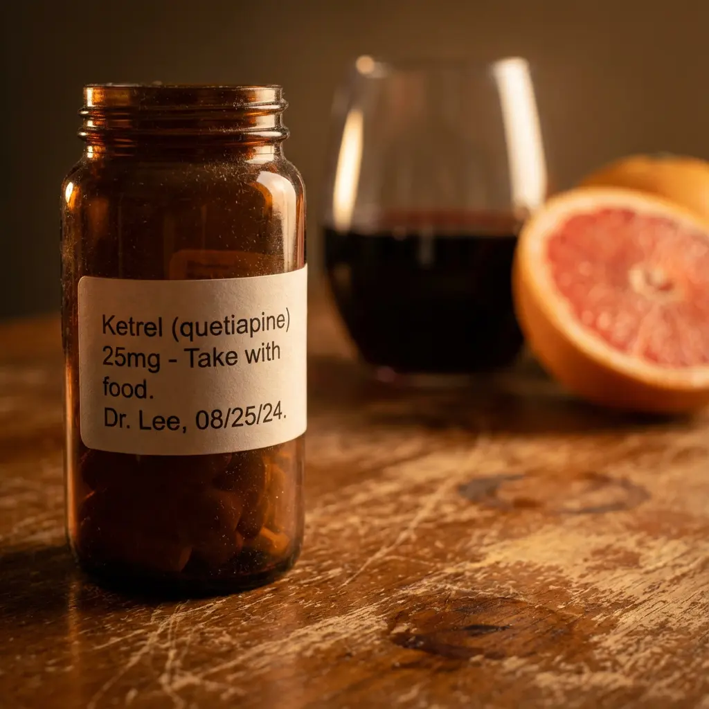 This still life photograph features an amber glass medicine bottle with a prominent white label in the foreground, sharp and in focus. The label clearly reads "Ketrel (quetiapine) 25mg - Take with food. Dr. Lee, 08/25/24," and pills are visible inside the bottle. The bottle rests on a richly textured, distressed wooden surface, showing wear and grain. In the softly blurred background, a stemless glass containing a dark red liquid, strongly suggesting red wine, is visible alongside a whole grapefruit and a vibrant pink half-grapefruit, creating a subtle visual tension due to potential medication interactions. The warm, low lighting lends a contemplative atmosphere to the scene.

Keywords: Medicine bottle, quetiapine, Ketrel, prescription, pills, grapefruit, red wine, alcohol, drug interaction, wooden table, still life, health, medication, mental health, Dr. Lee, warm lighting, bokeh, pharmacology.
