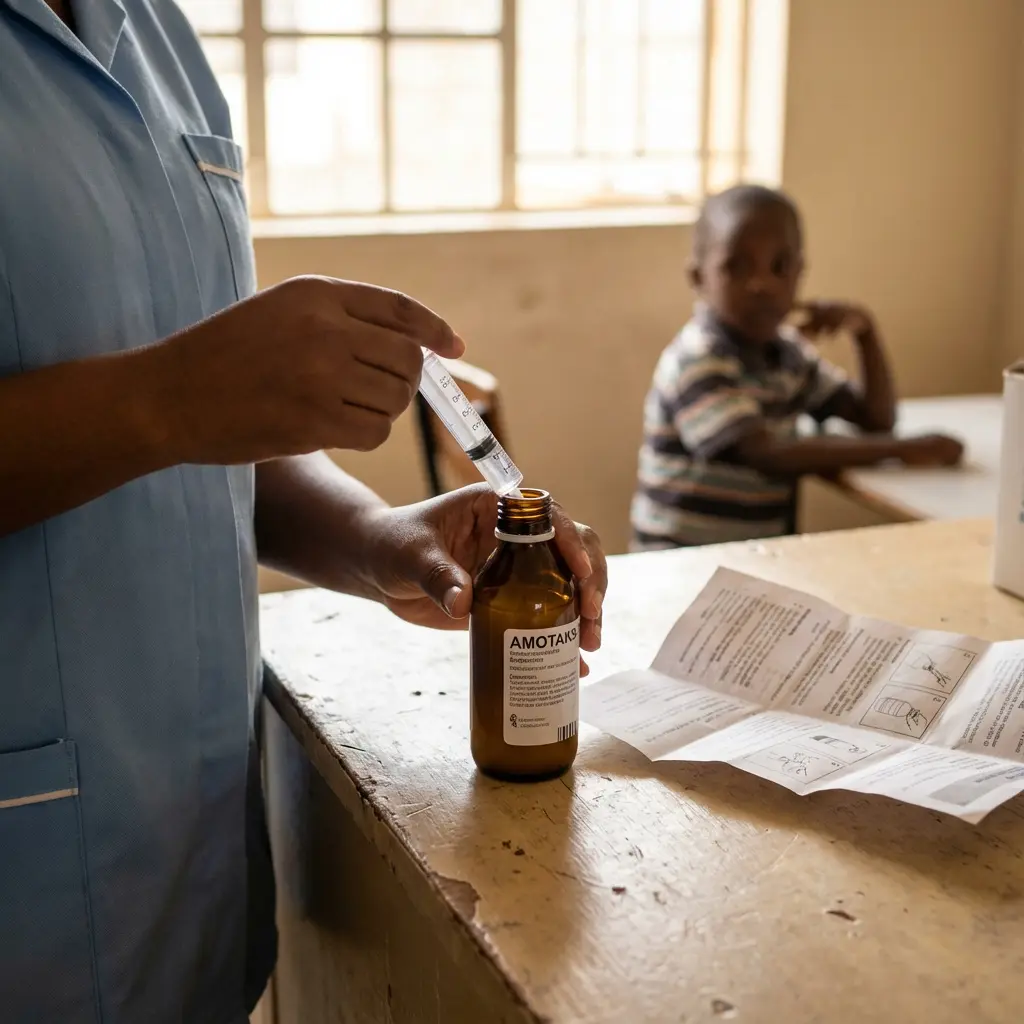 This image captures a healthcare worker, likely a nurse, in a light blue uniform, meticulously preparing liquid medication. The worker's hands are central, carefully holding a brown glass bottle labeled \