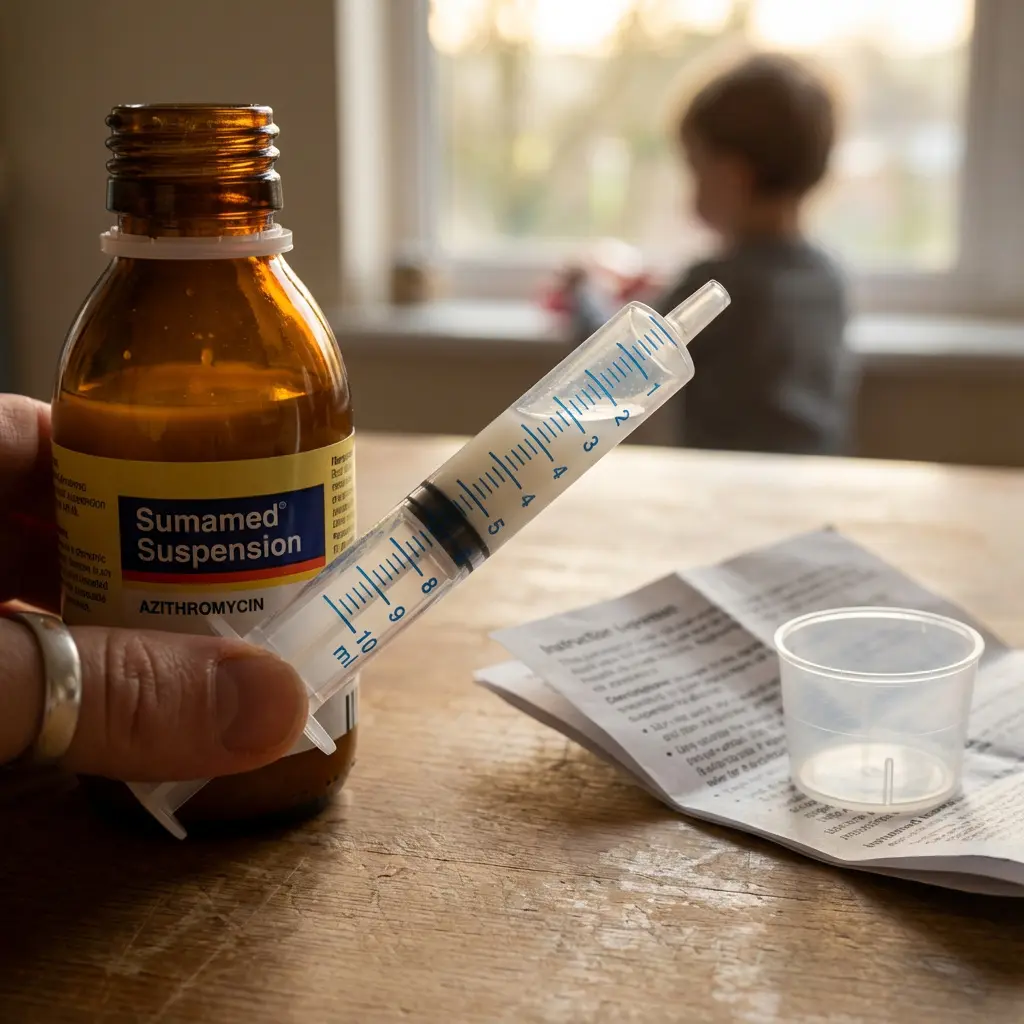 The image depicts a person's hand holding a brown glass bottle of medication labeled \