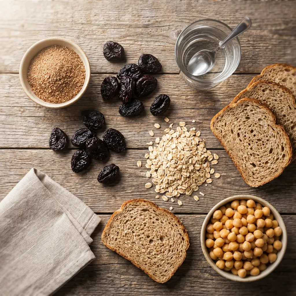 This overhead shot depicts a collection of healthy, whole food ingredients artfully arranged on a rustic wooden table, bathed in natural light. A small bowl in the top left holds a brown, granular substance, likely ground flaxseed or wheat bran, while several dark, dried prunes are scattered around it and near the center. To the right, a clear glass of water with a spoon stands beside multiple slices of whole wheat bread. A pile of rolled oats occupies the central area of the frame, complemented by a bowl brimming with cooked chickpeas in the bottom right, and a neatly folded linen napkin rests in the bottom left corner. The composition highlights a selection of fiber-rich foods, suggesting elements for a nutritious diet or meal preparation.

Keywords: Prunes, dried plums, rolled oats, chickpeas, whole wheat bread, flaxseed, wheat bran, water, wooden table, rustic, healthy food, fiber, nutrition, ingredients, overhead shot, top-down, meal prep, healthy eating, breakfast, snack.