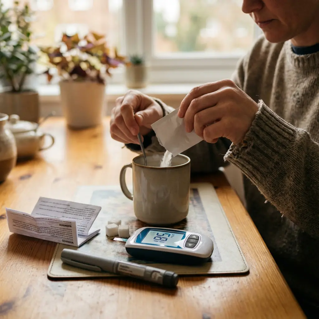 This image captures a person's hands as they pour a white powdered substance from a sachet into a light-colored ceramic mug, stirring it with a spoon, likely preparing a drink. The scene takes place at a rustic wooden table, with the person wearing a cozy, knitted sweater, suggesting a domestic and comfortable setting. Prominently arranged on the table are several items related to diabetes management: a blood glucose monitor displaying a reading (157), an insulin pen, and a small instruction booklet. Interestingly, a few sugar cubes are also visible nearby, providing a contrasting element in the context of blood sugar control. The blurred background reveals a window and potted plants, reinforcing the indoor home environment.\n\n**Keywords:** diabetes, blood glucose monitor, insulin pen, health management, person, hands, mug, sachet, powder, sugar cubes, wooden table, home, domestic, beverage, routine, medical device, knitted sweater, indoor, self-care.