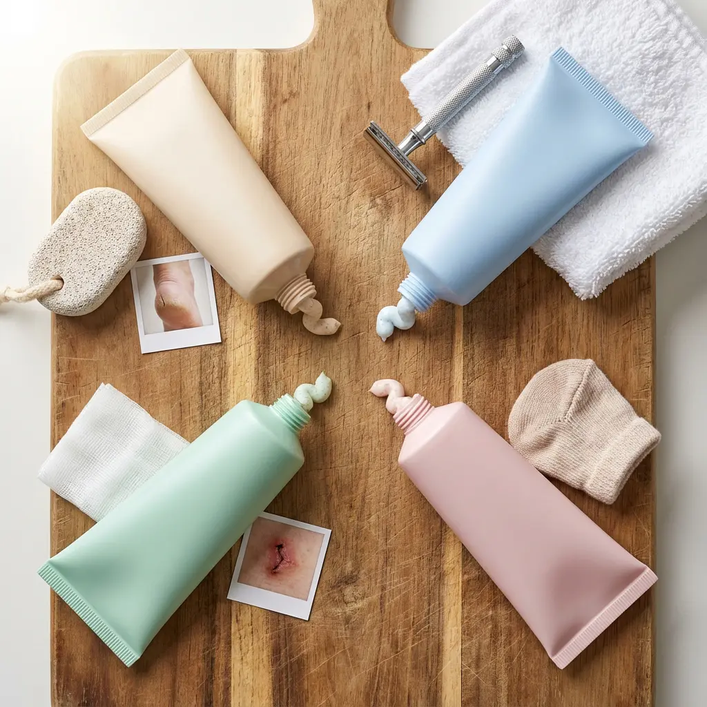 This top-down view showcases a thoughtful arrangement of personal care products on a warm wooden cutting board. Four pastel-colored cream tubes—beige, light blue, mint green, and pale pink—are prominently featured, each with a swirl of its respective product squeezed out. Surrounding these tubes are various items that suggest their specific uses: a pumice stone and a photo of a cracked heel imply foot care, a safety razor and a white towel point to shaving, a piece of gauze and a photo of a stitched wound indicate healing or antiseptic use, and a small knitted sock suggests hand or foot moisturizing. The composition effectively illustrates a range of targeted skincare solutions.\n\n**Keywords:**\npersonal care, skincare, cream tubes, pastel colors, wooden board, pumice stone, cracked heel, safety razor, shaving cream, wound care, gauze, stitched wound, moisturizer, hand cream, foot cream, skin treatment, cosmetics, self-care, beauty products, wellness