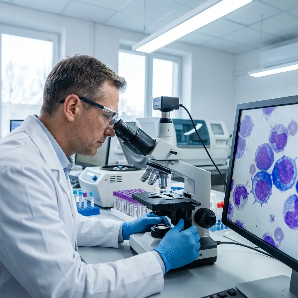 A male scientist, dressed in a white lab coat, safety glasses, and blue gloves, is intensely focused on examining a sample through a sophisticated microscope in a well-lit laboratory. His gloved hands carefully adjust the microscope's controls, while a digital camera attached to the eyepiece allows for live viewing. To his right, a large computer monitor prominently displays a magnified image of numerous purple-stained cells, which appear to be either blood or tissue cells, possibly indicating a biological or medical analysis. In the background, other essential laboratory equipment, such as a centrifuge and racks filled with test tubes, is visible, underscoring a professional scientific research environment. This scene depicts a focused professional engaged in microscopic examination, likely for diagnostic or research purposes.

Keywords: Scientist, researcher, laboratory, microscope, cells, monitor, lab coat, safety glasses, blue gloves, medical research, biology, analysis, test tubes, centrifuge, digital microscope, pathology, healthcare, diagnostics, scientific equipment, experimentation.