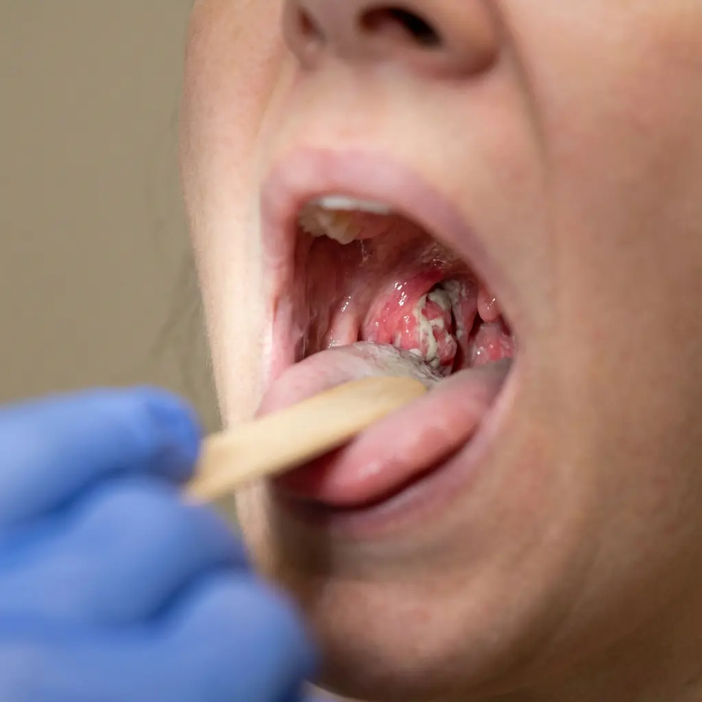This close-up image depicts a medical examination of a person's open mouth and throat. The tonsils are visibly swollen and intensely red, covered with prominent white and yellowish patches of exudate, indicating a significant infection. A hand, gloved in blue, uses a wooden tongue depressor to gently hold down the patient's tongue, allowing for a clear view of the inflamed pharynx and tonsils. The scene strongly suggests a medical assessment of a severe throat condition, likely tonsillitis or pharyngitis.

Medical examination, throat, open mouth, tonsils, tonsillitis, inflamed, redness, exudate, pus, infection, pharyngitis, tongue, tongue depressor, gloved hand, medical professional, patient, diagnosis, swollen, white patches.