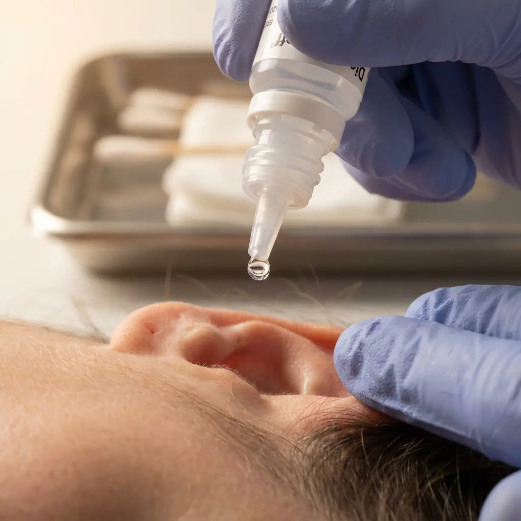 This close-up image shows a medical professional, identifiable by the blue surgical gloves, administering liquid drops to a patient's ear. A clear plastic dropper bottle is held steadily above the ear, with a single, perfectly formed droplet suspended at its tip, about to fall into the ear canal. The patient's ear and surrounding skin are visible in the foreground, with fine hair suggesting the side of a head, indicating the precise target for the drops. In the softly blurred background, a metallic tray containing white medical supplies like gauze or cotton pads reinforces the clinical or healthcare setting of the scene.\n\nKeywords: Ear drops, ear, medical procedure, gloved hand, dropper bottle, liquid drop, healthcare, treatment, medicine, patient, clinic, ear care, topical application, medical supplies, close-up, precision.