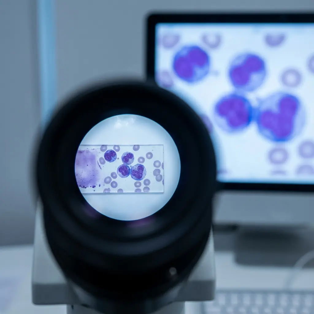 This image depicts a close-up view through the eyepiece of a microscope, showcasing a prepared blood smear on a glass slide. Within the circular field of view, several large, dark purple-stained cells, likely atypical white blood cells or blast cells, are prominently visible among a multitude of smaller, circular red blood cells. In the blurred background, a computer monitor displays a magnified, digital representation of a similar cellular pattern, indicating the integration of optical microscopy with digital imaging. The overall scene suggests a professional medical or scientific laboratory environment, focused on cellular analysis for diagnostic or research purposes.

Keywords: Microscope, blood smear, cells, medical laboratory, pathology, hematology, diagnostic imaging, computer monitor, digital microscope, eyepiece, microscope slide, blood cells, red blood cells, white blood cells, atypical cells, scientific research, cellular analysis, healthcare technology, laboratory equipment, biology.