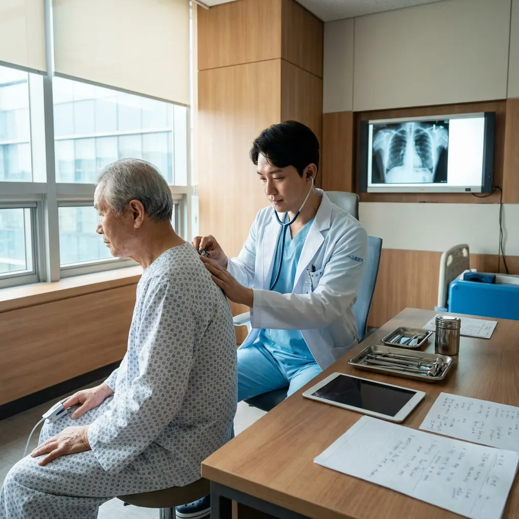 This image captures a medical examination in a bright, modern clinic or hospital room. A young male doctor, wearing blue scrubs and a white lab coat, is attentively listening to the back of an elderly male patient with a stethoscope. The patient, dressed in a patterned hospital gown, sits facing away from the camera, with a pulse oximeter clipped to his left index finger. In the background, a large window offers a view of an urban landscape, while a wall-mounted monitor prominently displays chest X-ray images, suggesting a respiratory or cardiac assessment. A wooden desk in the foreground is cluttered with medical instruments in a tray, a metal container, a tablet, and handwritten notes, indicating a thorough consultation is underway.
Keywords: Doctor, patient, medical examination, clinic, hospital, stethoscope, pulse oximeter, elderly man, healthcare, consultation, chest X-ray, medical monitor, scrubs, lab coat, hospital gown, medical instruments, tablet, notes, auscultation, geriatric care, Asian.