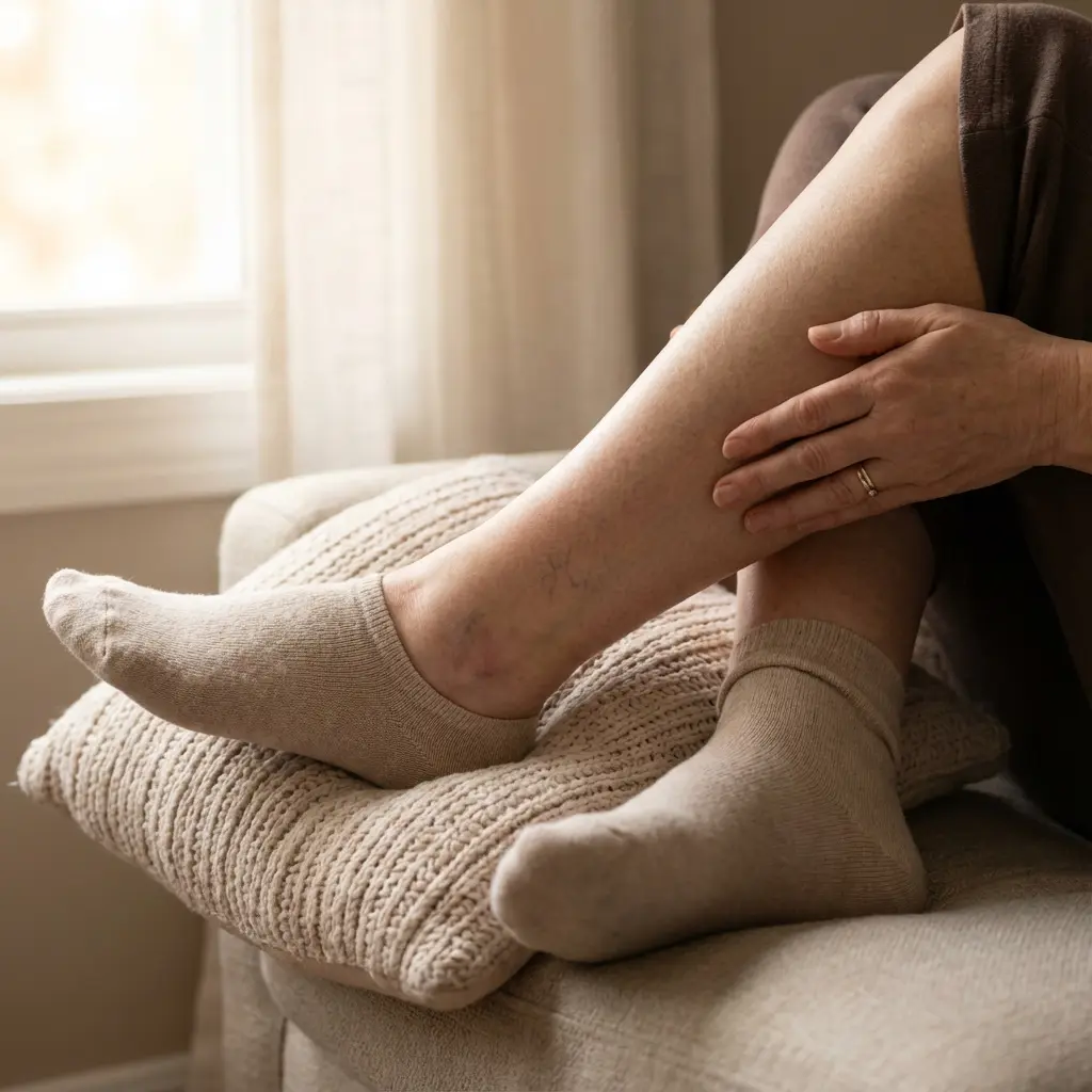 This close-up image depicts a person's lower legs, suggesting an older individual, in a relaxed indoor setting. One leg, wearing a light beige ankle sock, rests comfortably on a thick, light-colored knitted pillow placed on what appears to be a sofa or armchair. The other leg is slightly behind it, also wearing a matching sock, while a hand with a simple ring on the ring finger gently touches the calf of the exposed leg. Visible veins on the shin and calf suggest the presence of varicose veins, possibly indicating a focus on vein health or discomfort. Soft natural light streams in from a window visible in the background, creating a calm atmosphere.

Keywords: legs, varicose veins, ankle socks, beige socks, hand, ring, comfort, relaxation, knitted pillow, sofa, indoor, window, natural light, skin, vein health, elderly, self-care, circulation.
