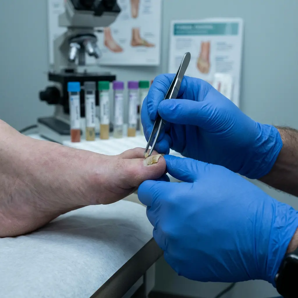 This image depicts a close-up view of a medical professional, identifiable by their bright blue gloves, meticulously working on a patient's foot. Using a pair of fine-tipped tweezers, they are attending to a thick, discolored toenail, likely addressing a fungal infection or taking a sample for diagnostic purposes. The background clearly establishes a medical or laboratory setting, featuring a microscope, several test tubes with different colored liquids, and anatomical charts of feet on the wall, reinforcing the clinical context. The scene suggests a detailed examination or minor procedure being performed on a foot ailment, most probably a case of onychomycosis.

Medical procedure, podiatry, foot care, toenail, fungal nail, onychomycosis, tweezers, blue gloves, medical professional, patient, clinic, laboratory, microscope, test tubes, anatomical chart, health, diagnosis, treatment, pathology, dermatology.